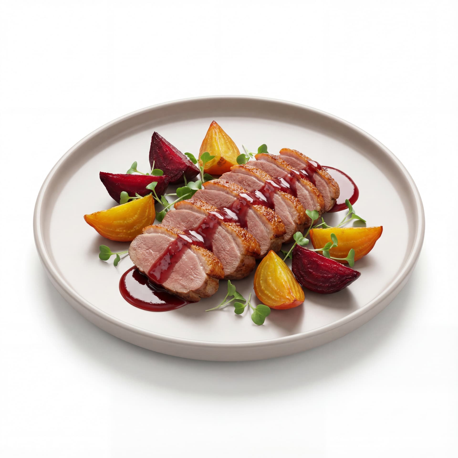 A round plate featuring duck breast slices, glossy cherry reduction, roasted beet wedges, and microgreens.