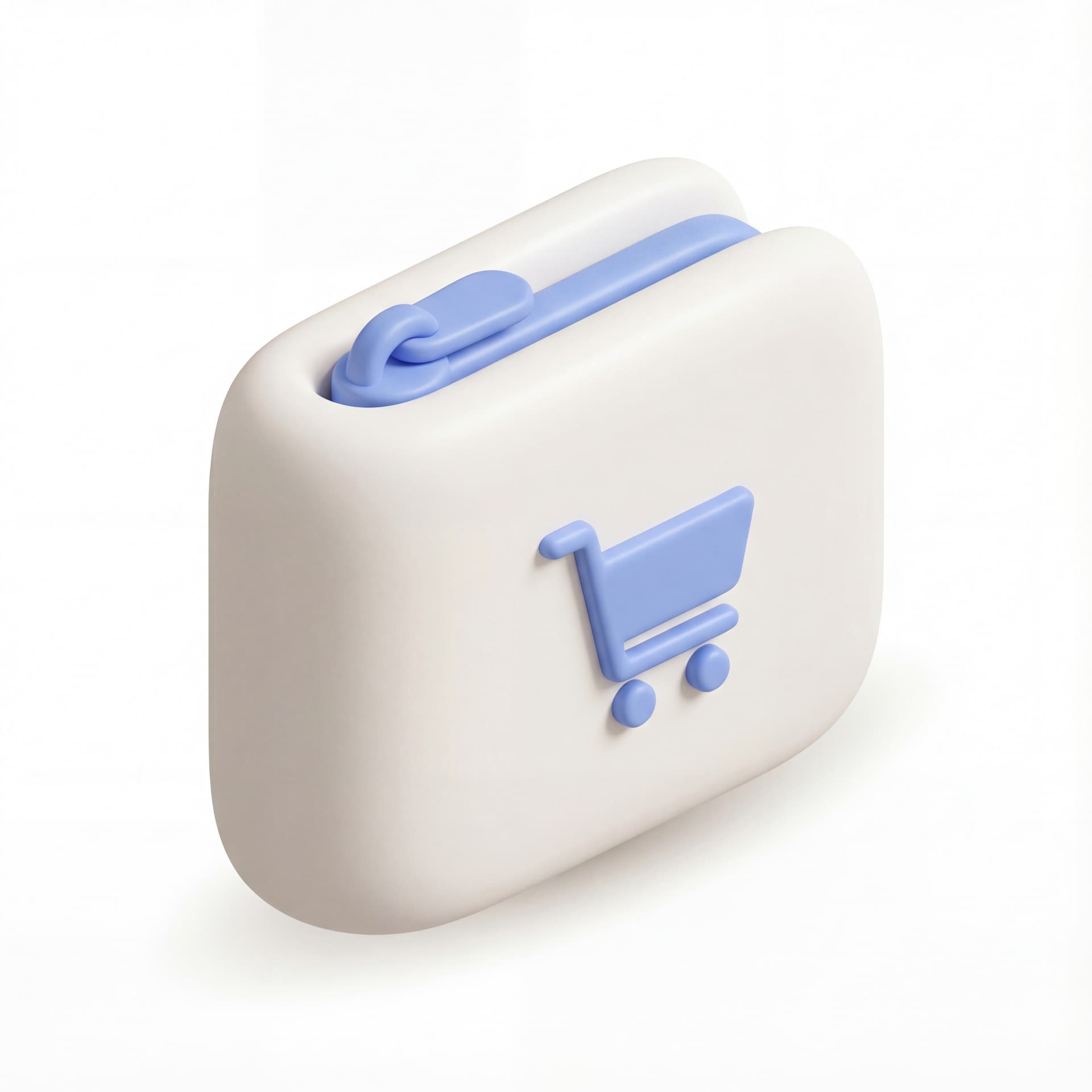 Ikon logo Wallet terkait E-commerce dengan style 3D clay minimal tebal membulat detail rendah konsisten pencahayaan lembut bayangan kontak ringan dan warna neutral off-white dengan aksen biru lembut.