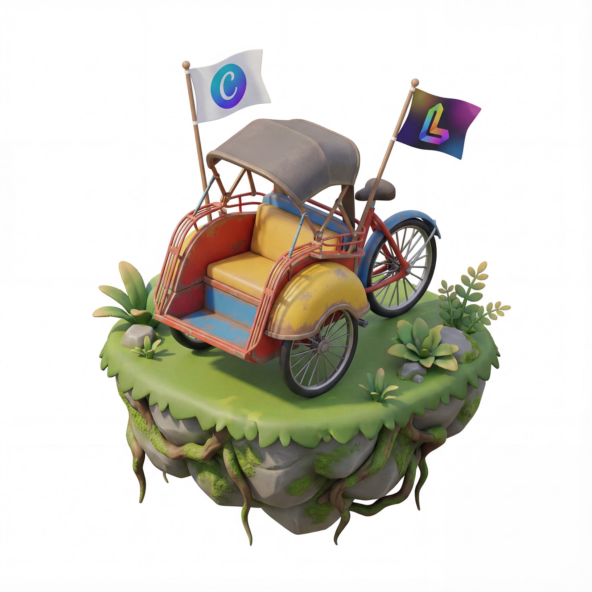 becak di atas pulau mengambang dengan ada 2 bendera, 1 icon bendera canva, dan 1 ada bendera icon leonardo ai