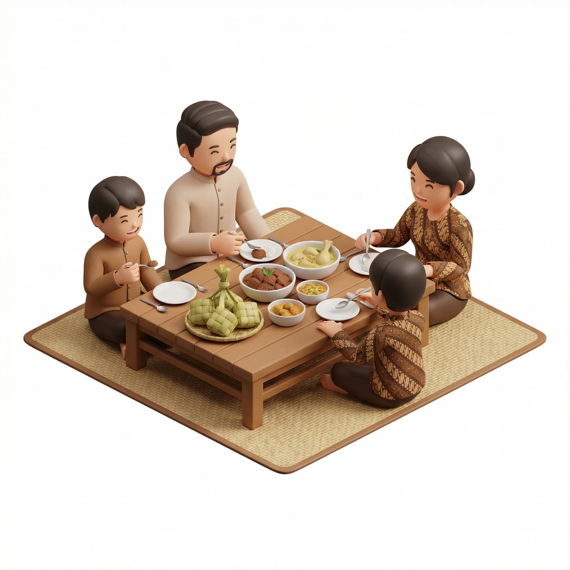 Buatkan gambar tema lebaran ada ketupat ada keluarga 1 orang bapak 1 orang ibu dan 2 orang anak sedang makan bersama saat lebaran