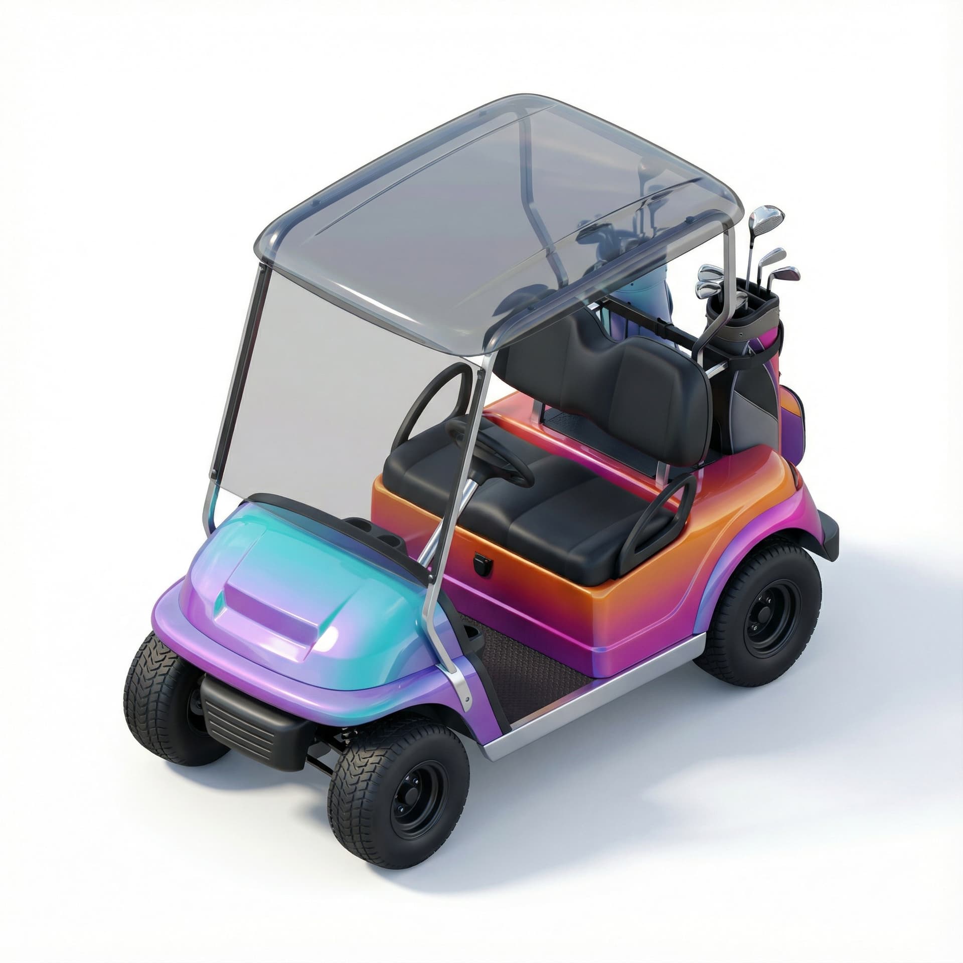 Golf cart with glossy vinyl and gradient vibrant color palette 