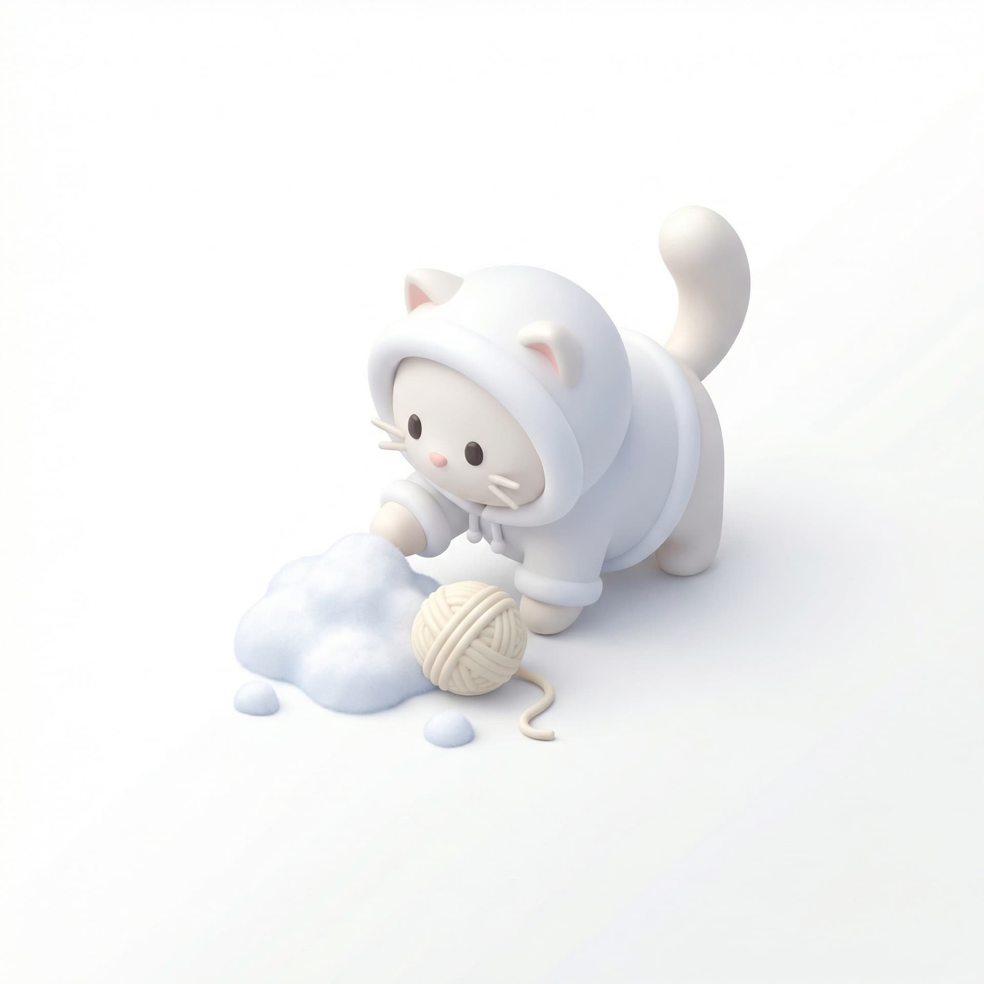 a cute white cat wearing a white coat playing with snow cute wool 3D animation