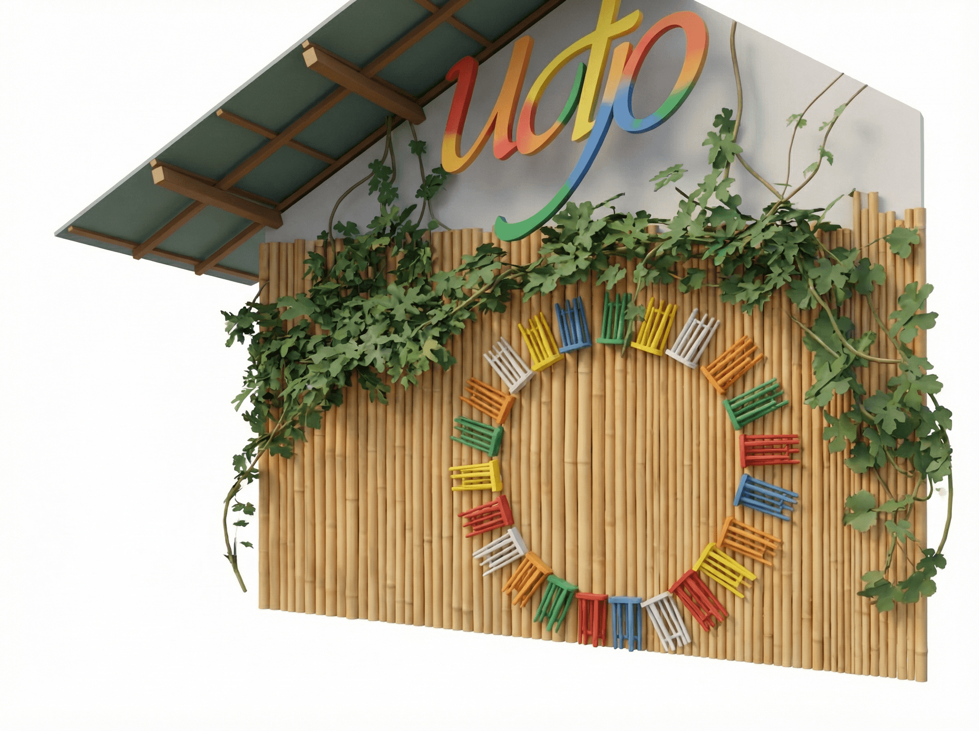 buatkanlah gambar map saung udjo di bandung dengan style cartoon 3d diisi dengan panggung saung udjo, pepohonan, saung, pendopo, aula, picnic makan, toilet, papan sejarah, musholla yang besar, dan jalan batu2 an warna palettenya coklat hijau, bikin mapnya sesuai dengan foto berikut