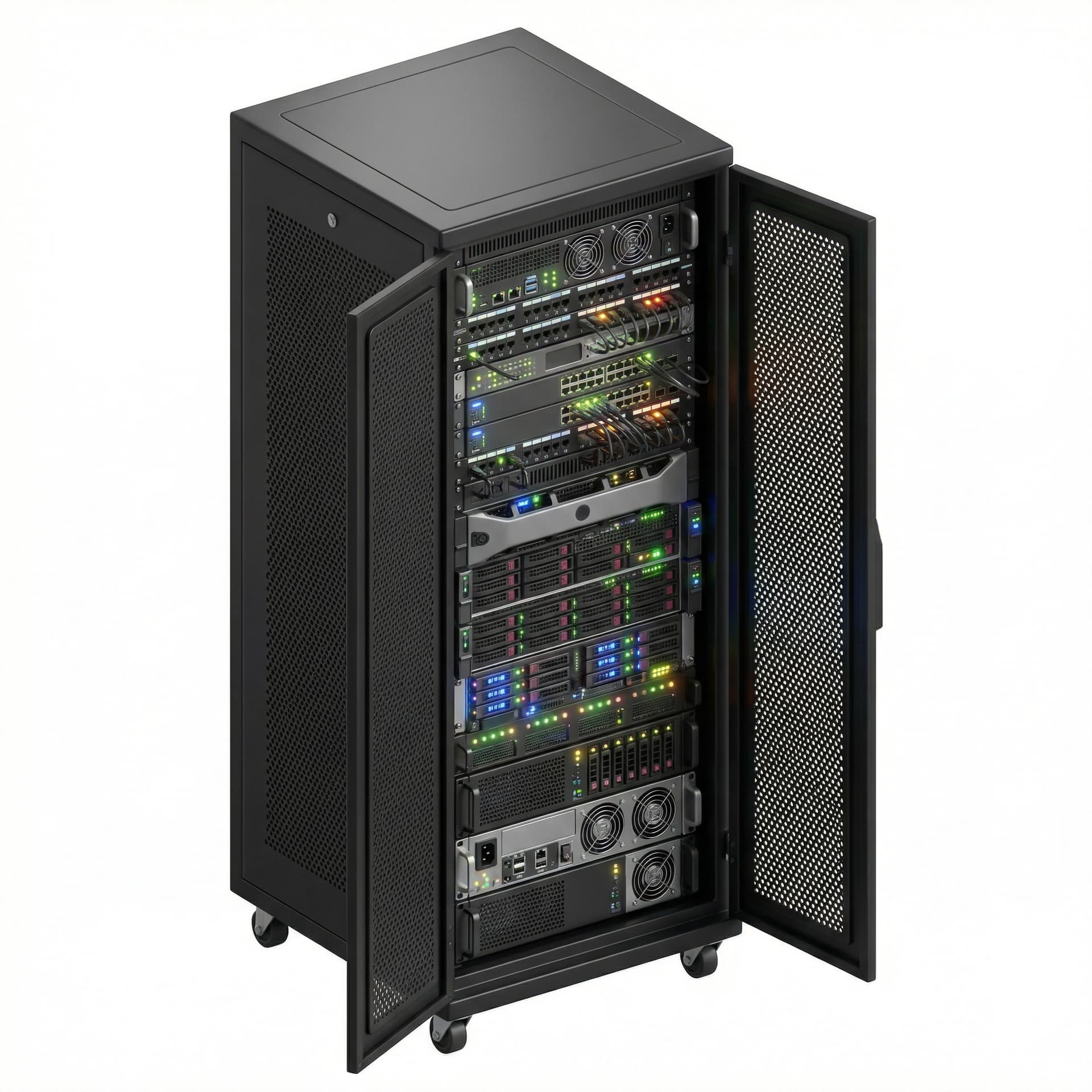 A server rack with blinking lights