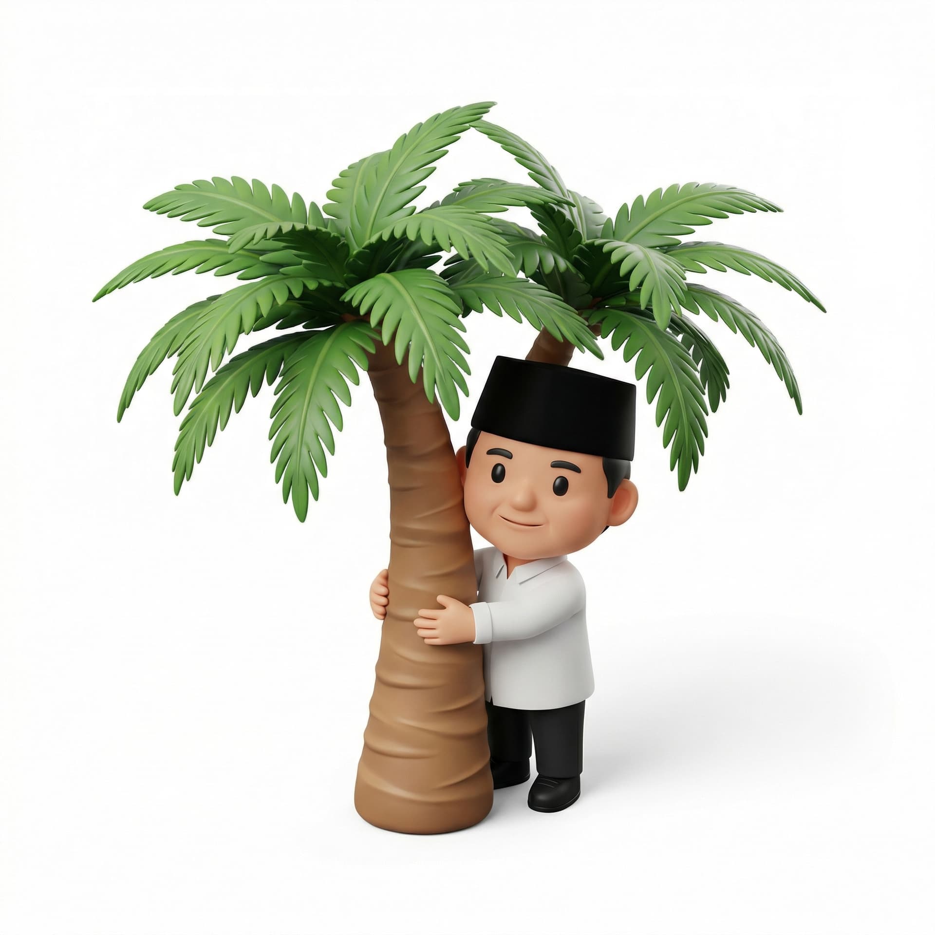 the president of indonesia prabowo subianto hugging palm tree in chibi style
