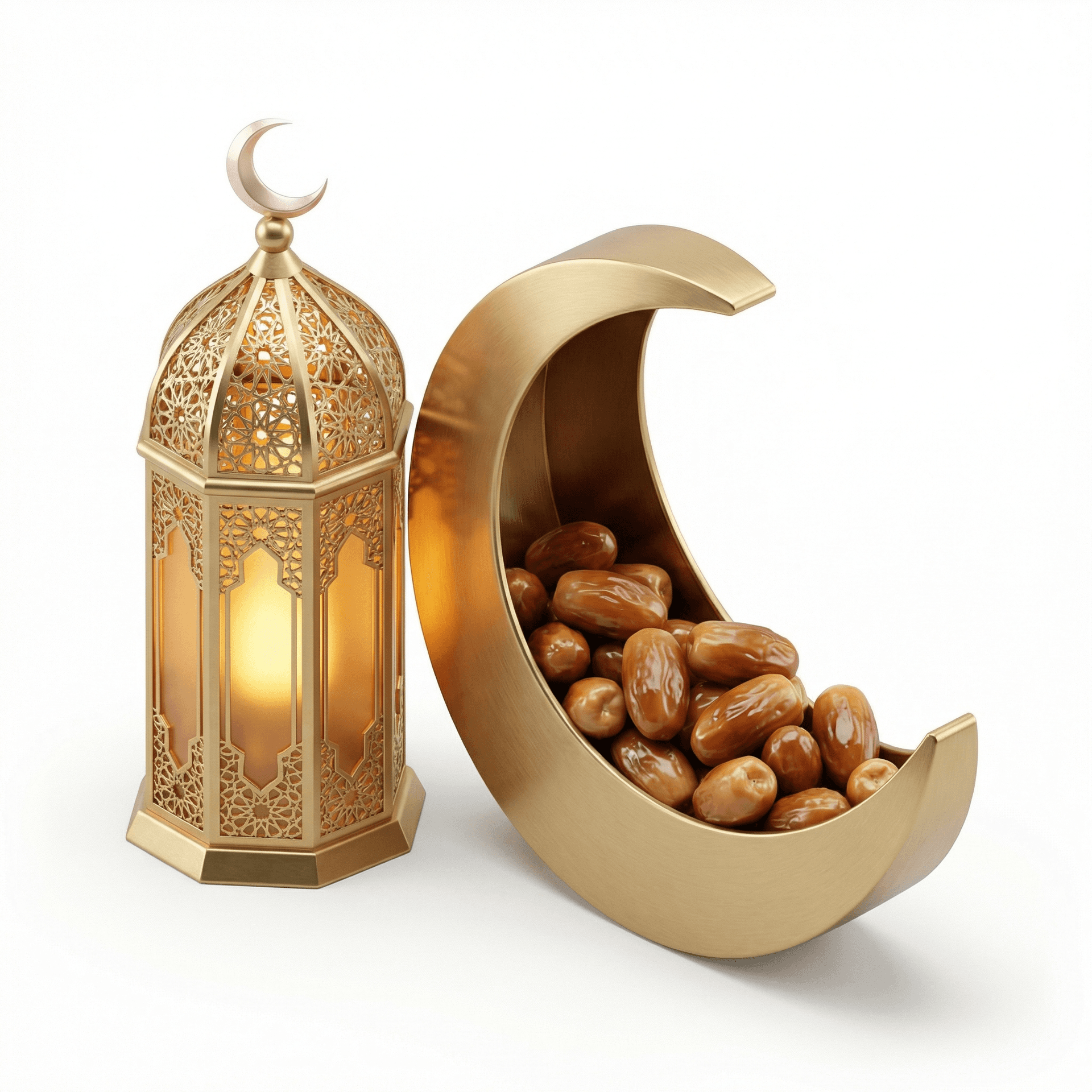 An elegant Ramadan-themed still life featuring a decorative golden lantern placed beside a crescent-shaped bowl. The lantern has a slightly taller and slimmer silhouette with intricate geometric cutout patterns, emitting a warm amber glow from within. A small crescent finial sits on top of the lantern, subtly redesigned with a smoother, more modern curve.  Next to it, a crescent moon bowl made of brushed gold metal holds several glossy dates, arranged loosely rather than stacked, with varied sizes and rich caramel-brown tones. The crescent shape is wider and more open than traditional designs, giving it a softer, contemporary feel.  The composition is set against a clean white background with soft studio lighting, creating gentle shadows and highlighting metallic reflections and textures.  Style: ultra-realistic product photography with a touch of luxury, high resolution, sharp focus, minimalistic composition. No text, no people, no additional props, no patterns in the background.