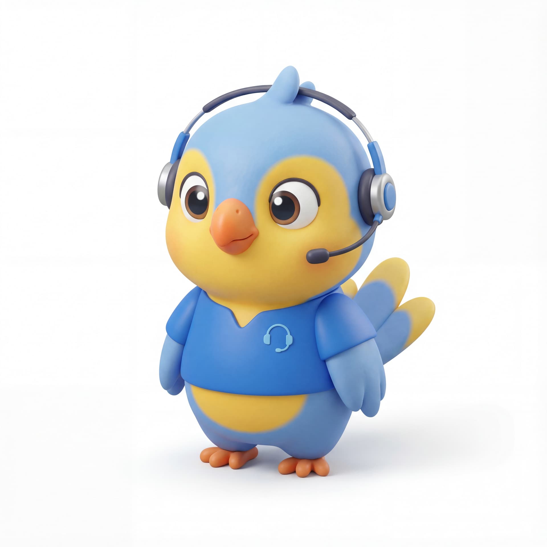 A cute cartoon parrot mascot character dressed as a customer support agent with a headset, full body, front-facing, rounded proportions, big expressive eyes, soft shading, friendly neutral smile, centered composition, isolated on a white background.