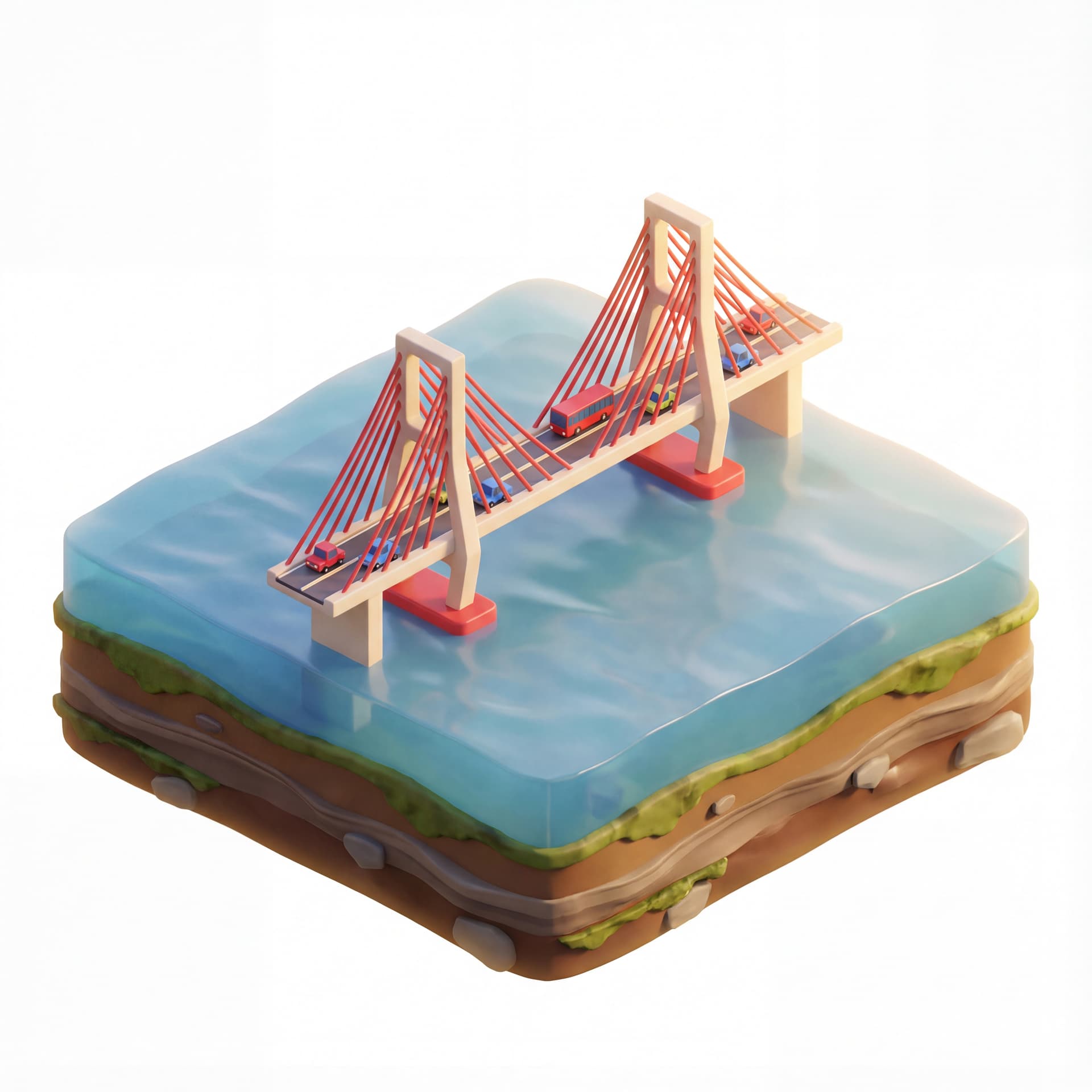 isometric 3D diorama of the Suramadu Bridge, long cable-stayed bridge with two iconic red towers, stylized 3D clean shapes, vibrant color accents, soft Pixar-like shading, smooth gradients, gentle rim light, simplified civil-engineering details, blue calm water surface below, miniature floating island base with layered soil + waves, small passing vehicles for scale, warm daylight ambience, global illumination, isometric angle 30°/30°, no photorealism, clean collectible diorama aesthetic.

