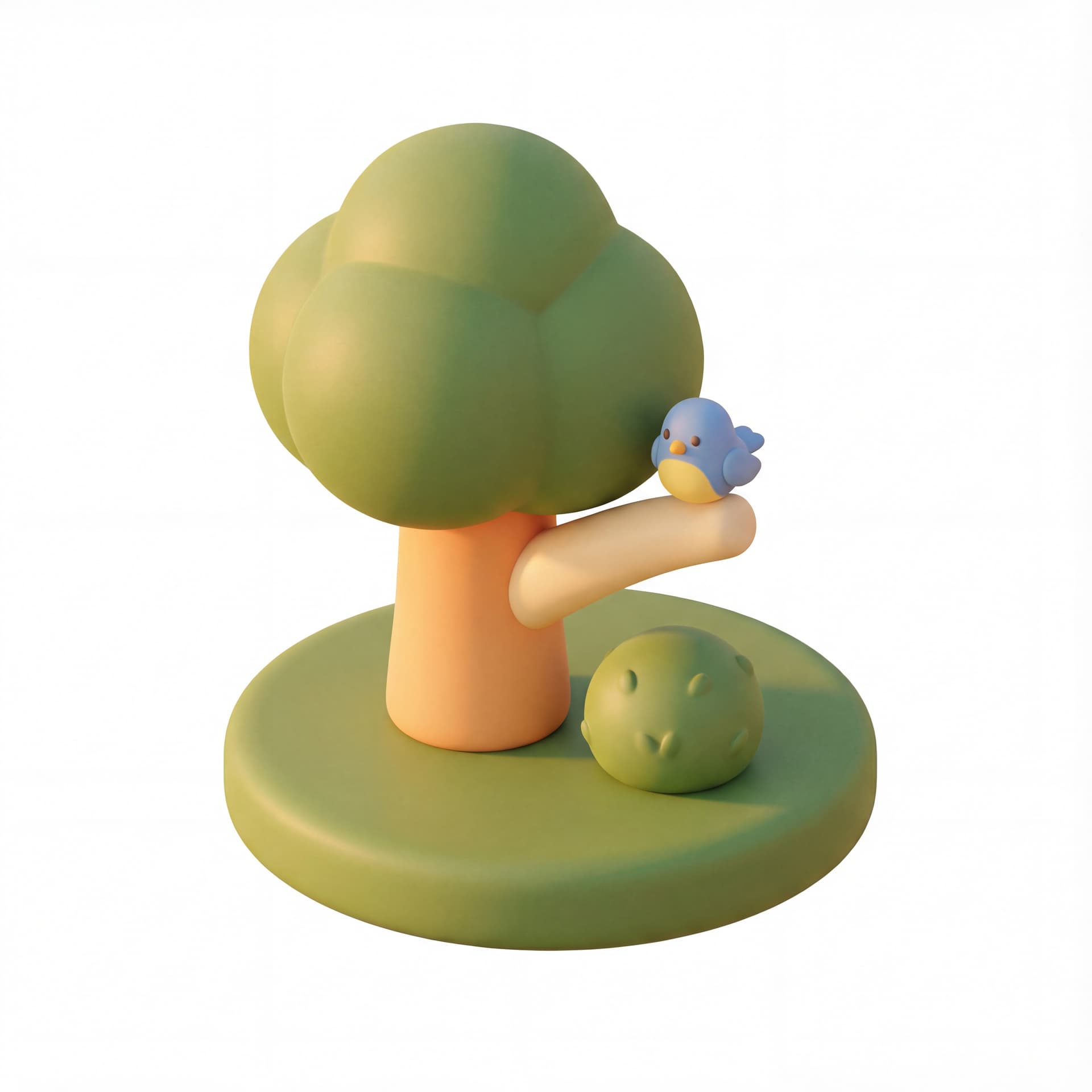 Cute chubby 3D icon in the same style as a soft rounded toy house: smooth clay-like material, pastel colors, warm soft lighting, gentle glow. Create a simple biodiversity scene: a tiny chubby tree, a small bush, a little bird perched on a branch, placed on a rounded green base. Minimal details, clean shapes, no clutter, no text. Use warm earthy tones similar to the orange–beige palette of the sample house, with soft shadows and a cozy isometric look. Friendly, simple, and easy to read.”