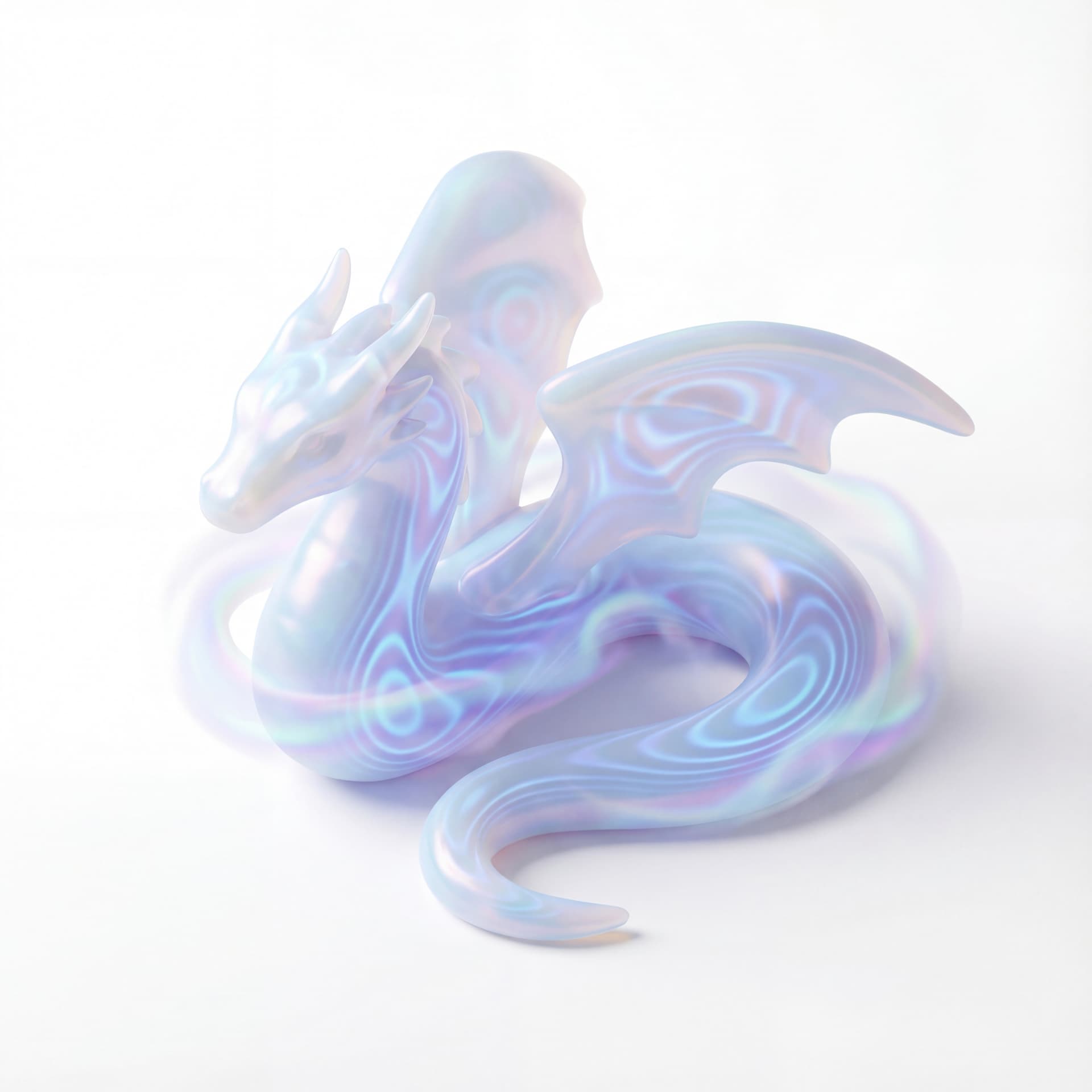 An isometric dragon with opal translucent scales and ripple motifs glowing inside a holographic mist symbolizing intuition.