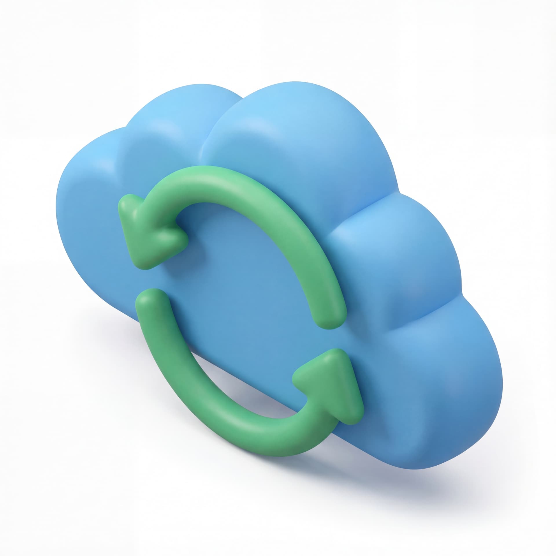 A modern 3D cloud icon with two circular arrows wrapped around it, symbolizing synchronization, smooth inflated surfaces, minimal depth, isolated icon.