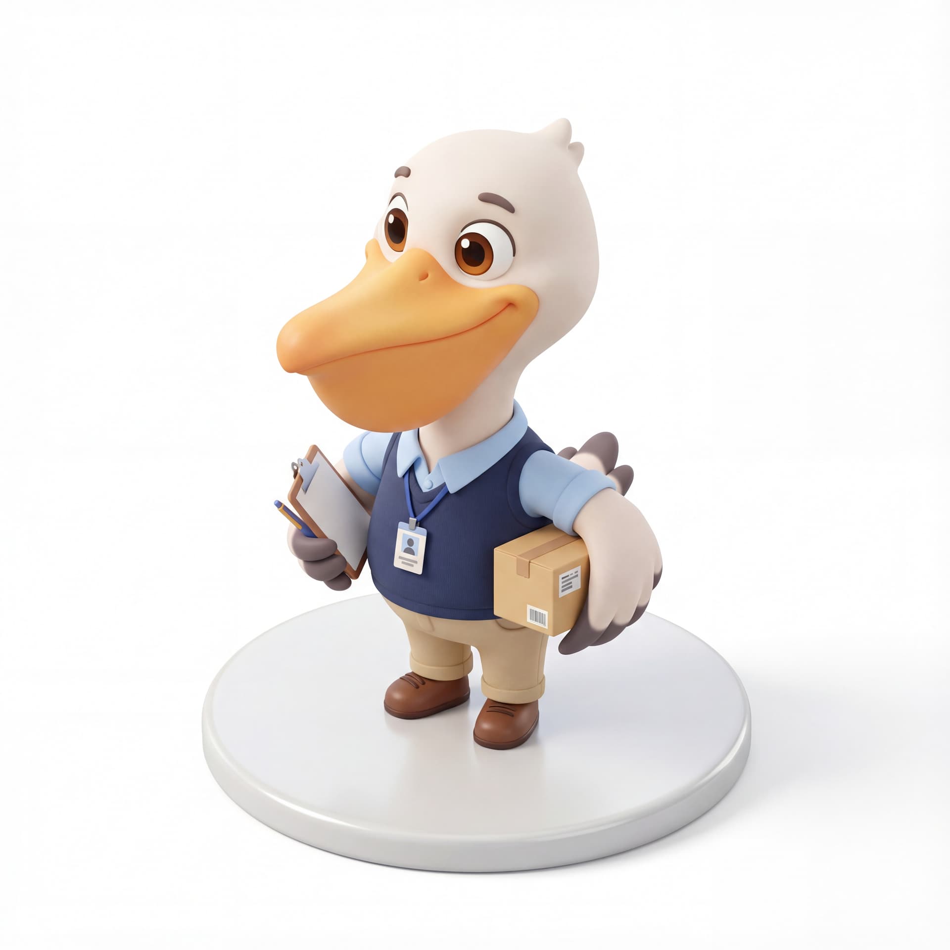 A cute cartoon pelican mascot character dressed as a supply chain manager, wearing business casual clothing, full body, front-facing, rounded proportions, big expressive eyes, soft shading, organized professional smile, centered composition, isolated on a white background.