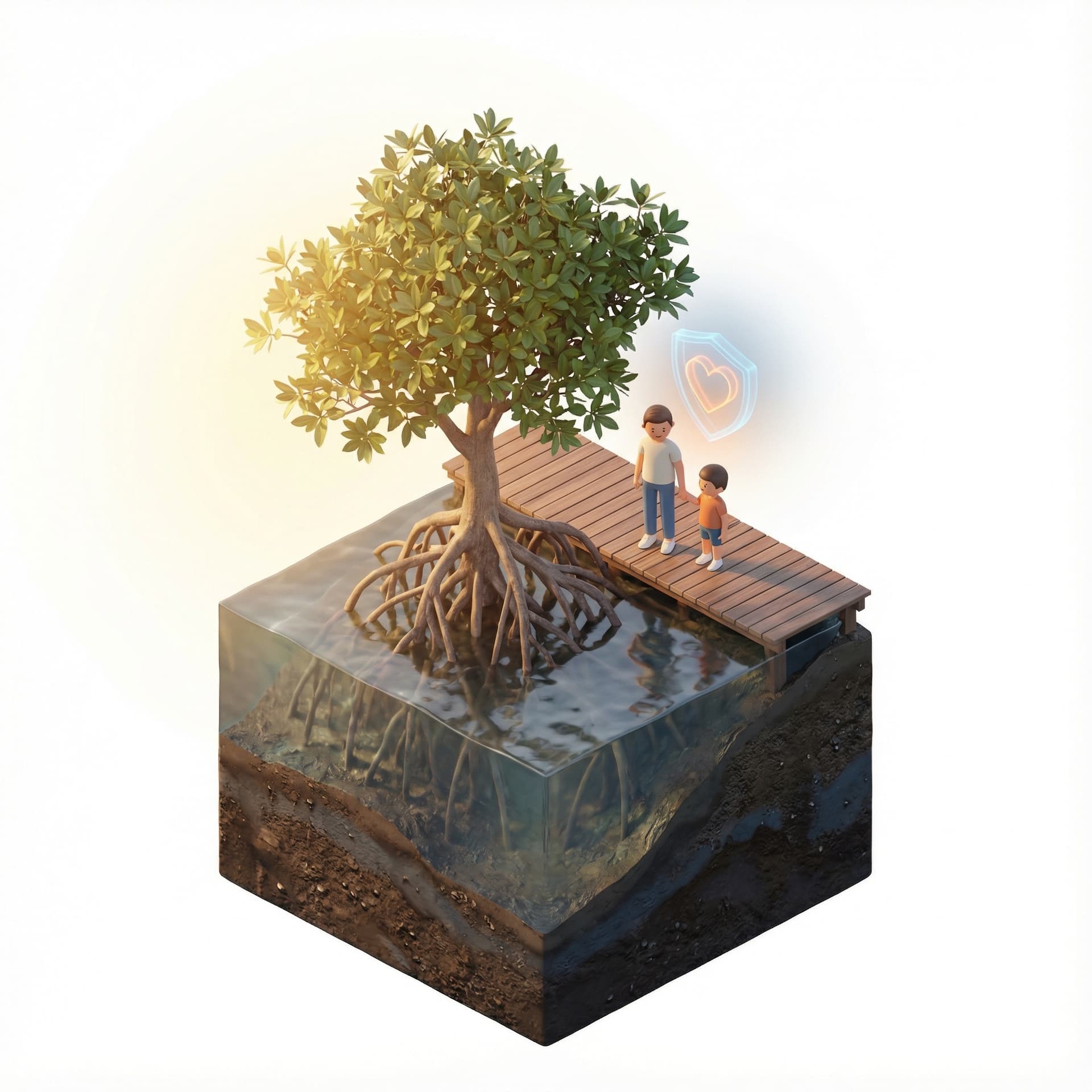 Hyper-realistic 3D isometric block with mangrove habitat and two stylized human figures standing beside the tree. Warm light, soft reflections, detailed soil textures, roots visible. Add a subtle glowing heart-shield hologram symbolizing care and protection.