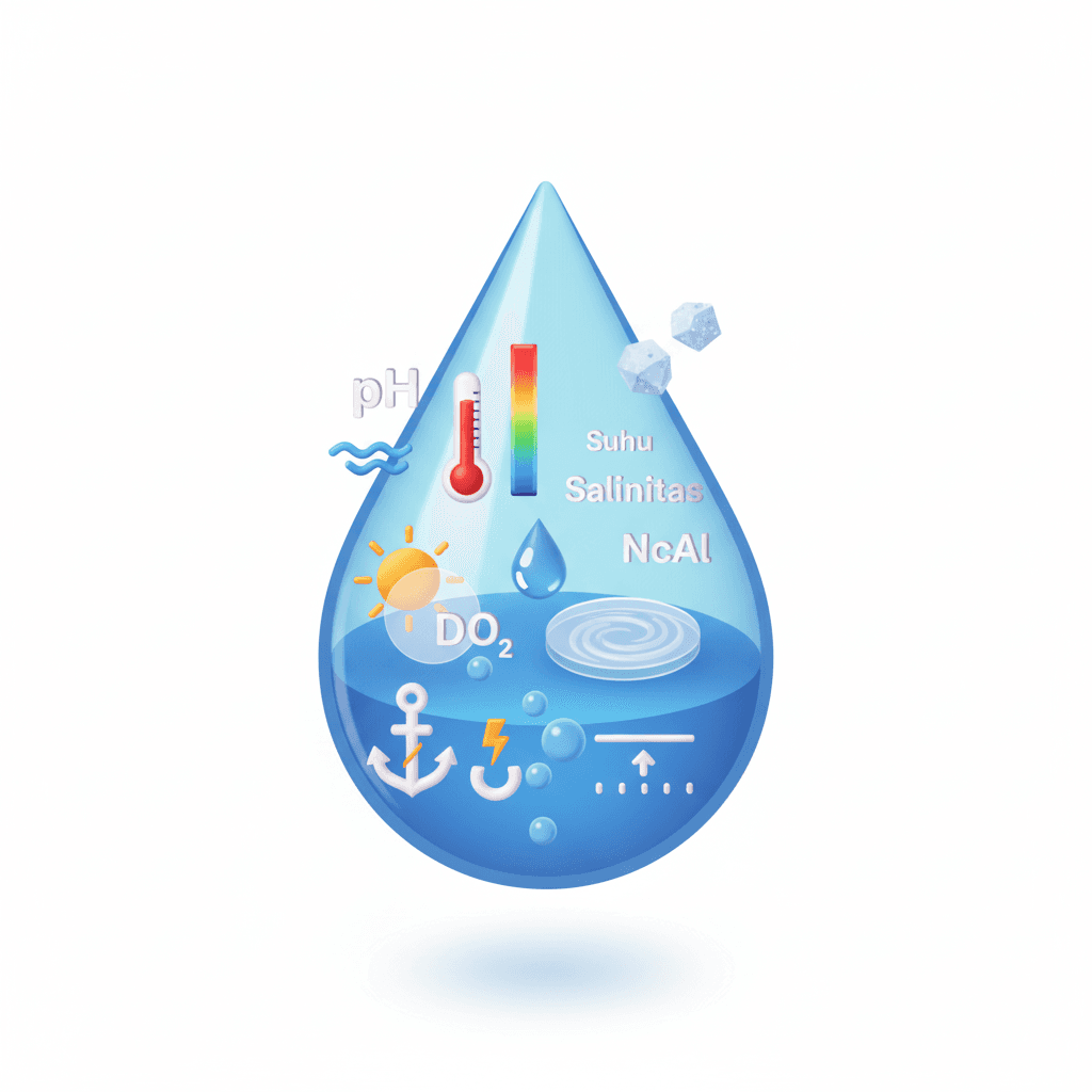 i need to create the isometric icon based on this parameter pH - Suhu - Salinitas - DO (Oksigen Terlarut) - Kecerahan - ORP (Oksidasi Reduksi Potensi) - Ketinggian Air - Gravitasi Air Laut - Kekeruhan the icon will be use for mobile app, please use the image as reference style