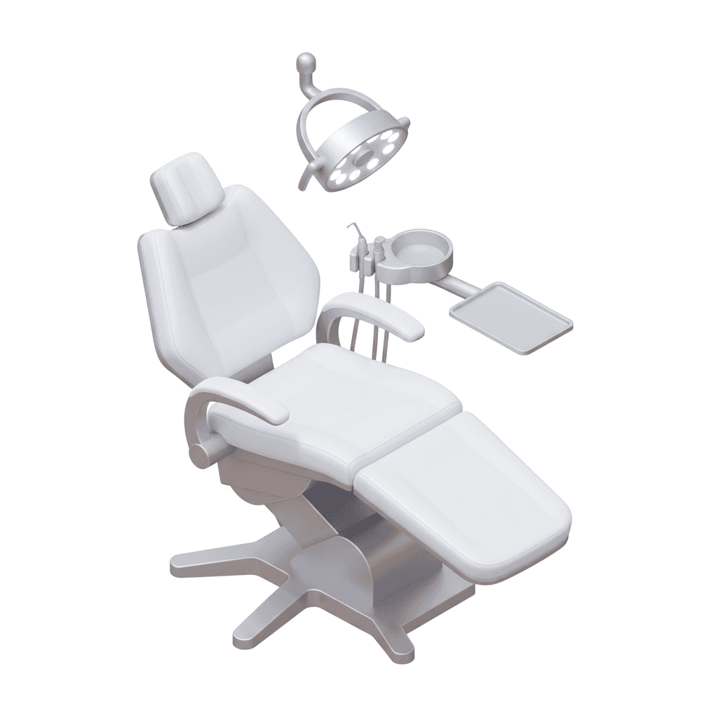 High-detail 3D isometric dentist chair icon, premium upholstery texture, articulated footrest, overhead LED lamp, bright clinical lighting, calm sterile atmosphere, precise isometric perspective with sharp rendering quality.
