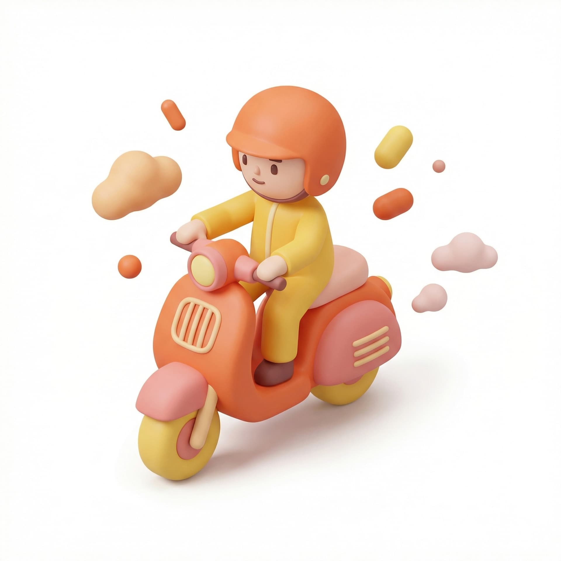 3D illustration, soft clay style, smooth rounded shapes, minimal facial details,
cute stylized character riding a scooter,
modern flat 3D design, playful and friendly vibe,
warm color palette (orange, yellow, pink),
matte material, soft lighting, subtle shadows,
floating objects, abstract shapes,
no outlines, clean composition,
dribbble style, behance style, startup illustration,
high quality 3D render, octane render, cinema4D style,
black background
