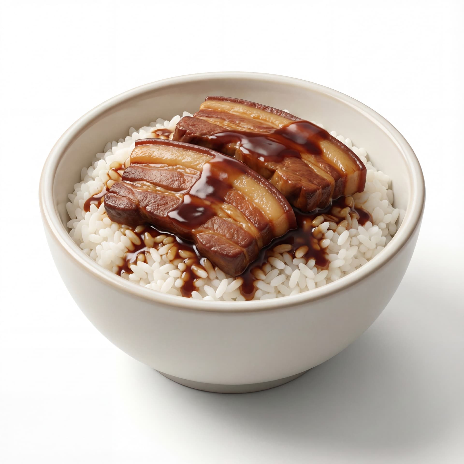 A cartoon serving bowl containing steamed white rice topped with braised pork belly slices and dark soy sauce glaze.