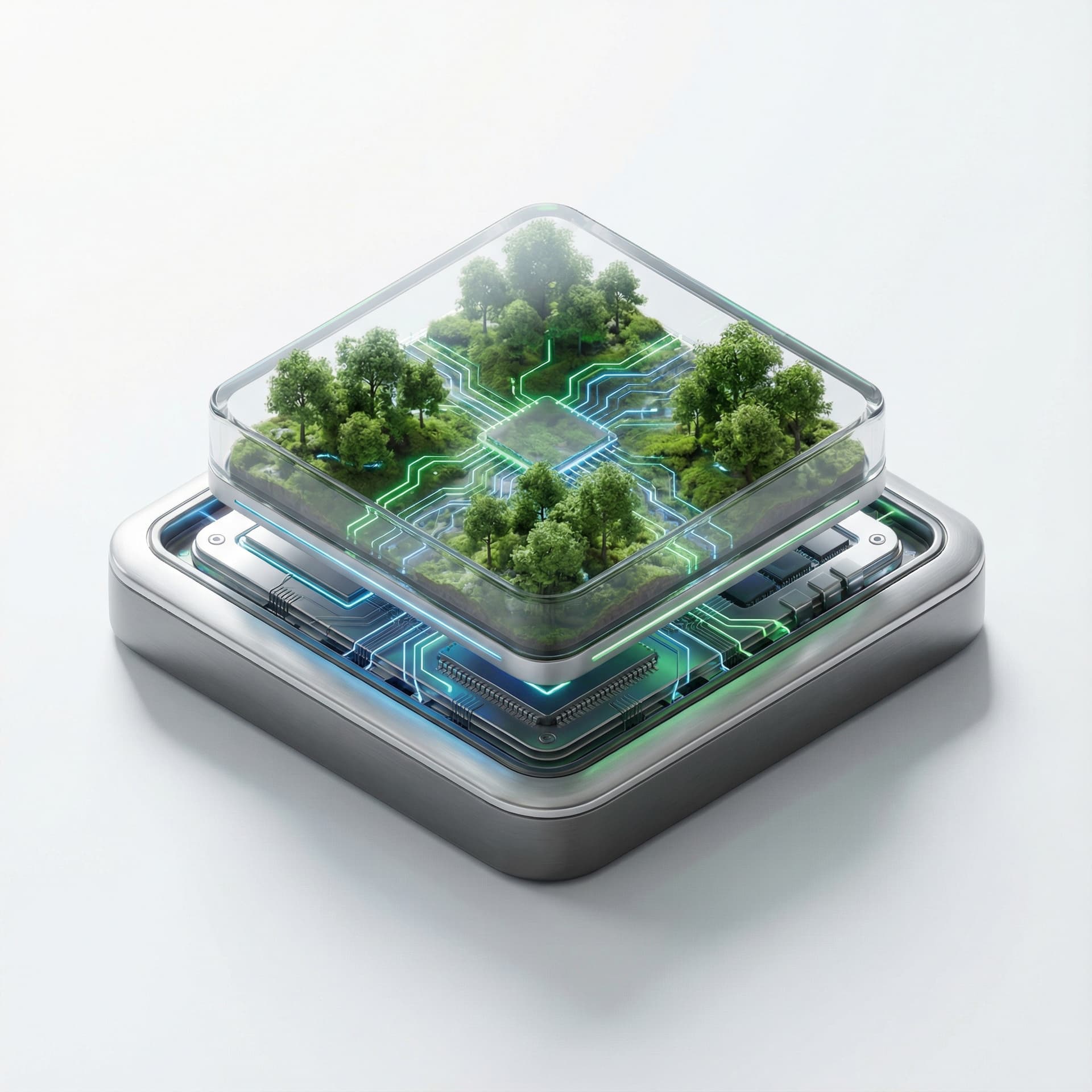 Realistic 3D icon of a futuristic AI processor chip with a tiny miniature forest growing inside a transparent top layer. Small trees, soft terrain texture, and glowing data circuit lines surrounding the forest, symbolizing ecological data integration. Smooth rounded metallic edges, subtle neon highlights, soft shadows, Apple/Airbnb-style minimal realism, clean white background.