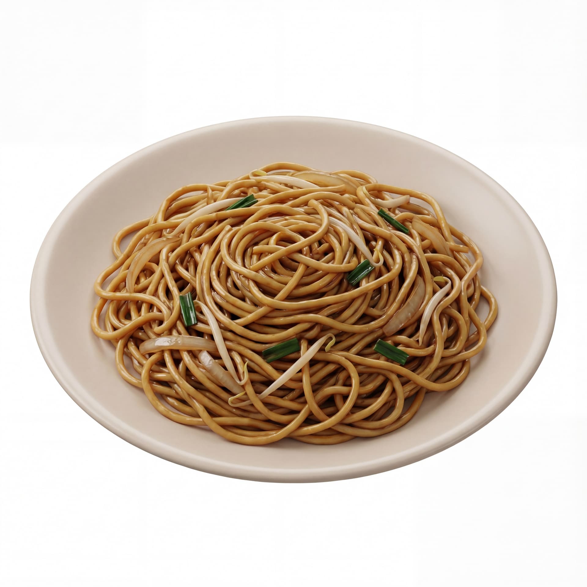 A round plate featuring chow mein with stir-fried egg noodles, bean sprouts, sliced onions, and soy sauce glaze.