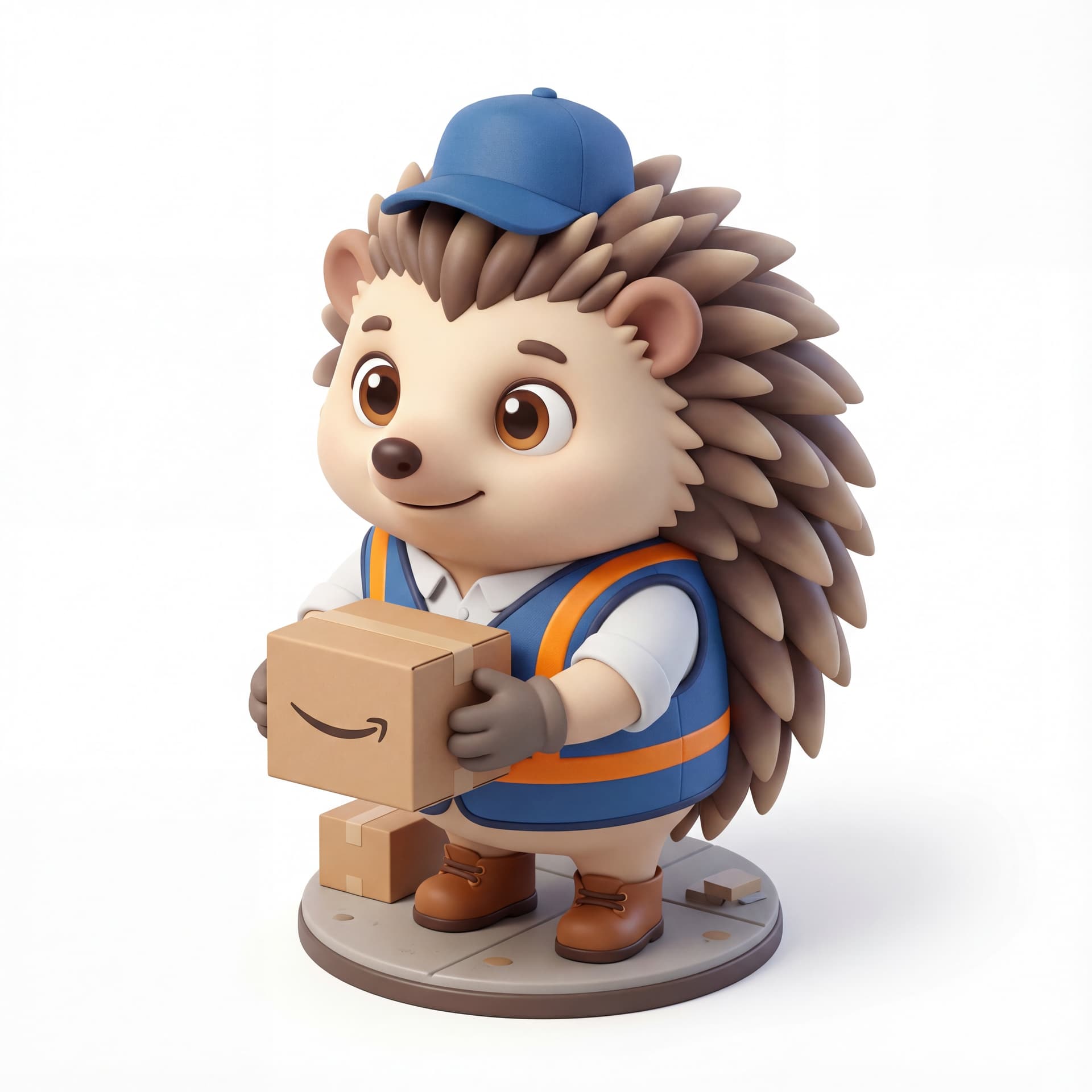 A cute cartoon hedgehog mascot character dressed as a delivery warehouse worker, full body, front-facing, rounded proportions, big expressive eyes, soft shading, friendly neutral smile, centered composition, isolated on a white background.