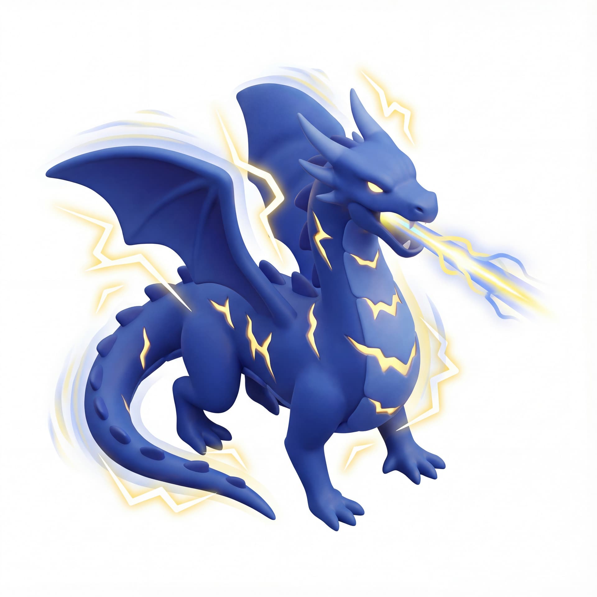 An isometric electric dragon with deep cobalt scales and bright yellow lightning scars roaring sideways while releasing an energy beam, surrounded by jagged lightning bolts and vibrating electric haze.