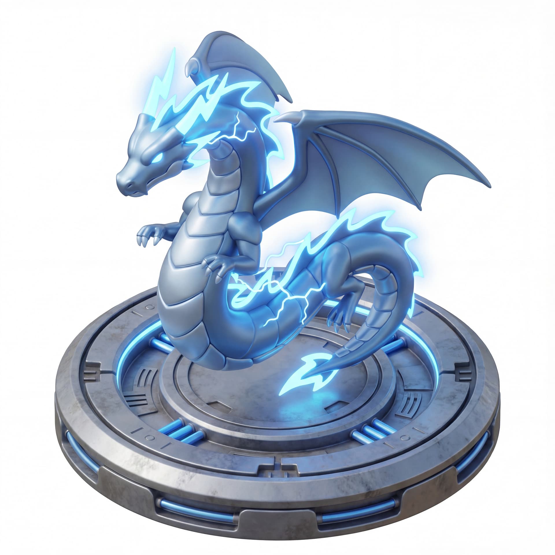 A 3D isometric electric dragon hovering above a metallic platform, lightning-shaped fins glowing neon blue.
