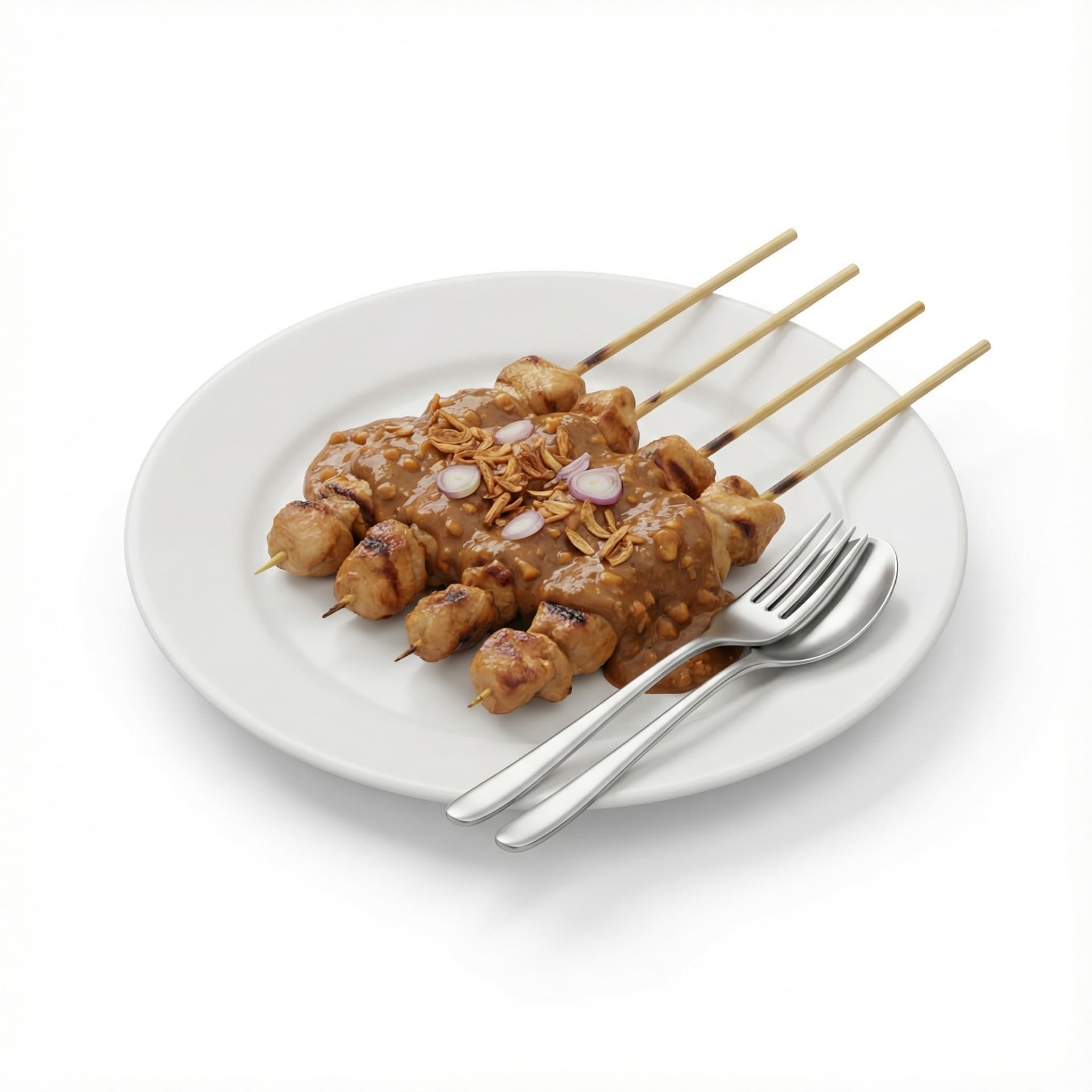 Sate ayam with peanut sauce served on a white plate with fork and spoon