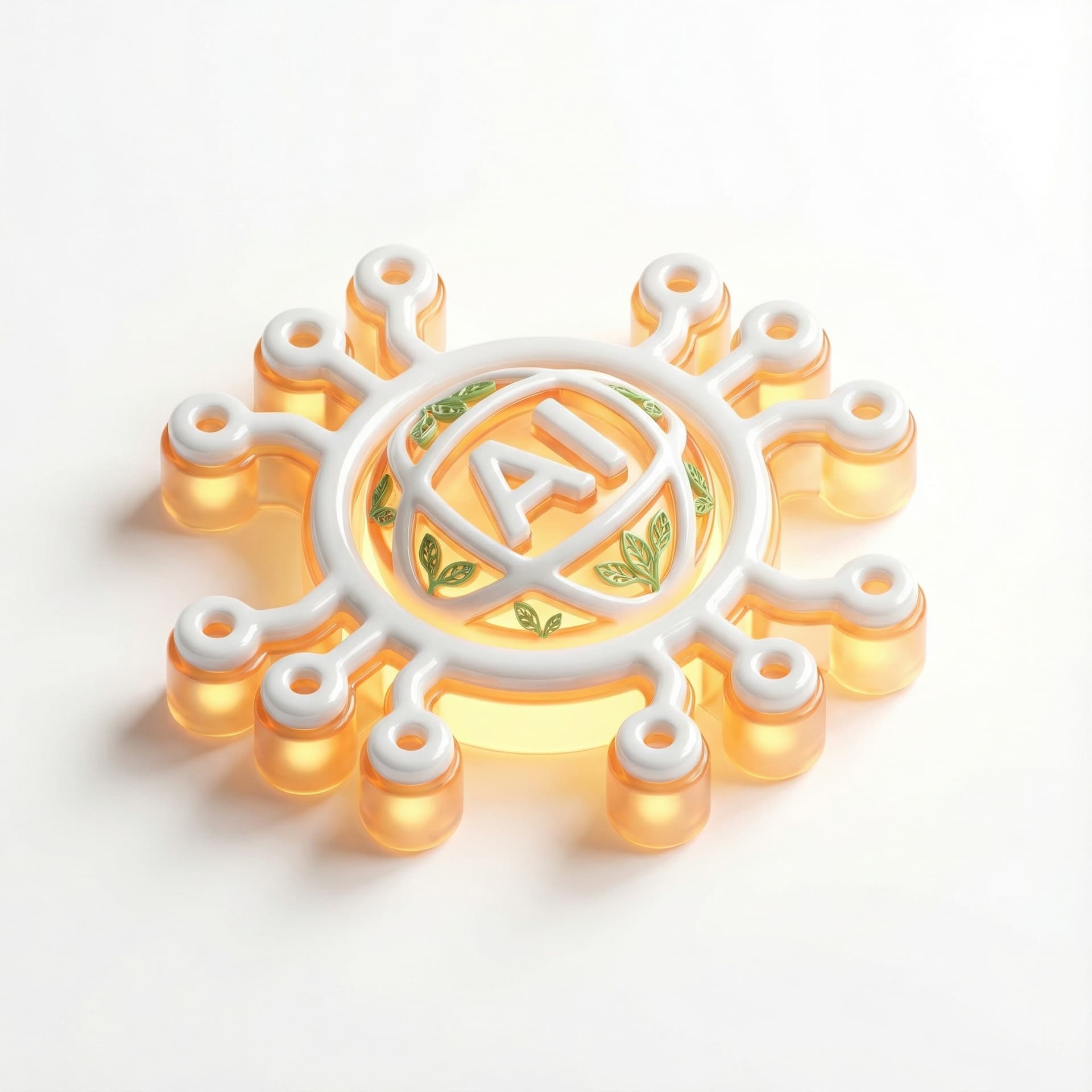Realistic 3D icon of a small glowing AI node combined subtly with a tiny leaf motif integrated into the shape, symbolizing environmental intelligence. Smooth glossy materials, warm soft lighting, Airbnb-style realism, white background.