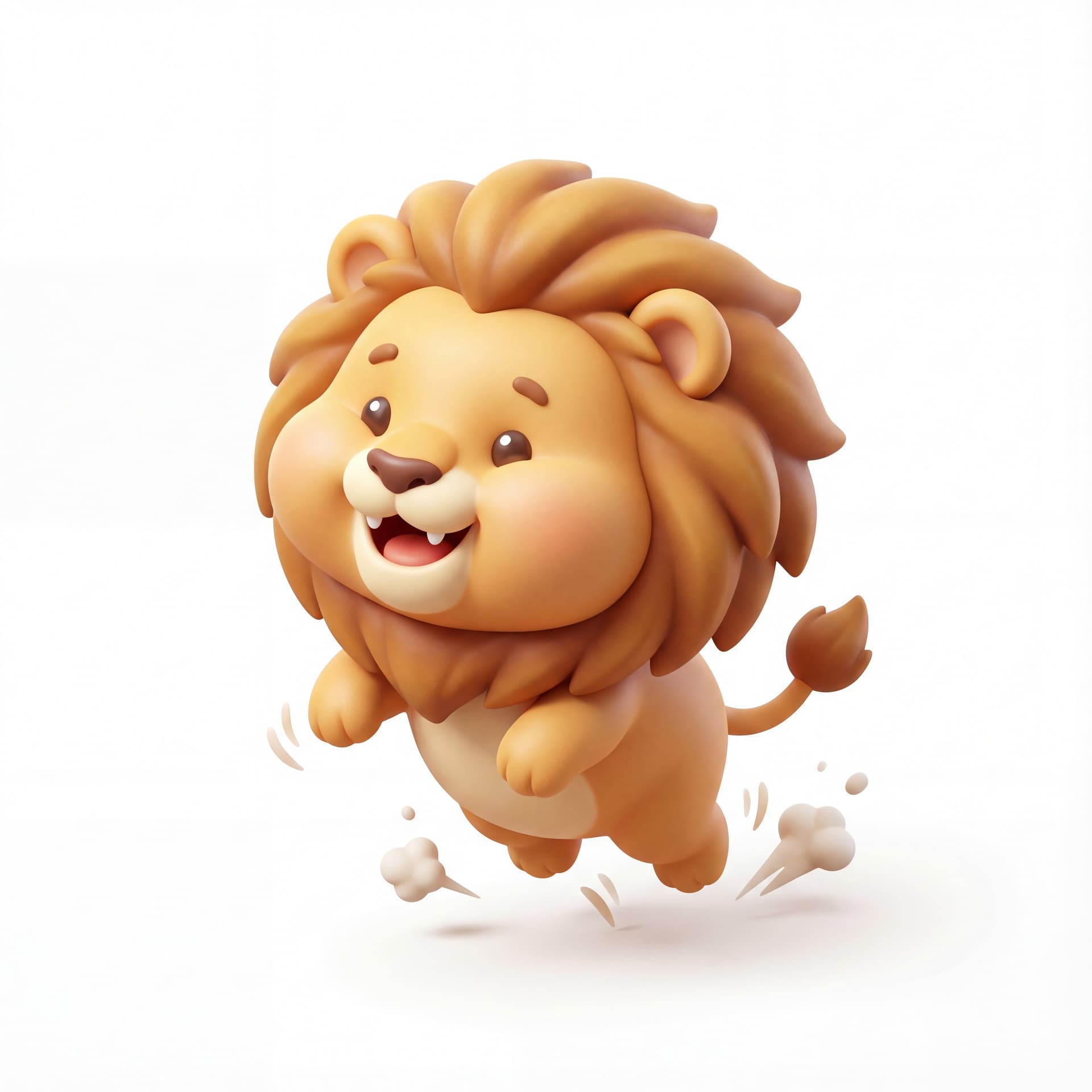 An isometric cute cartoon lion happily bouncing in place, cheeks slightly puffed with a joyful smile and tiny dust puffs under its paws