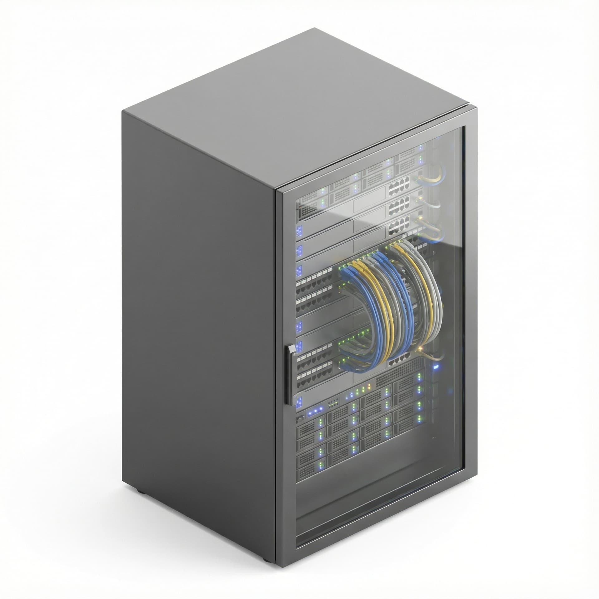 A server rack with blinking lights