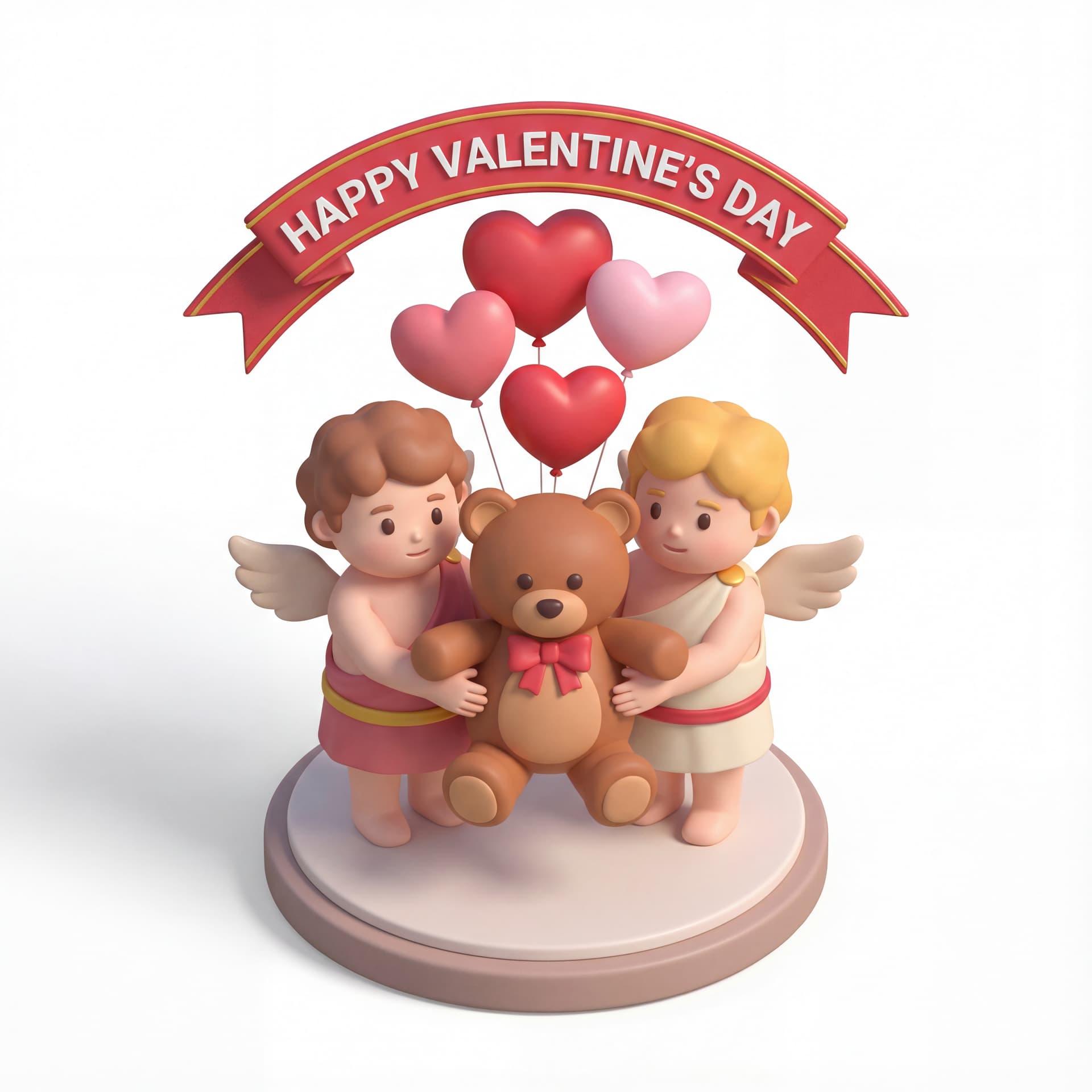 A full-body portrait of a cute couple of Cupid characters standing together while holding a large teddy bear between them, heart-shaped balloons floating above, with the text “Happy Valentine’s Day” integrated into a curved banner overhead, isolated on a white background.