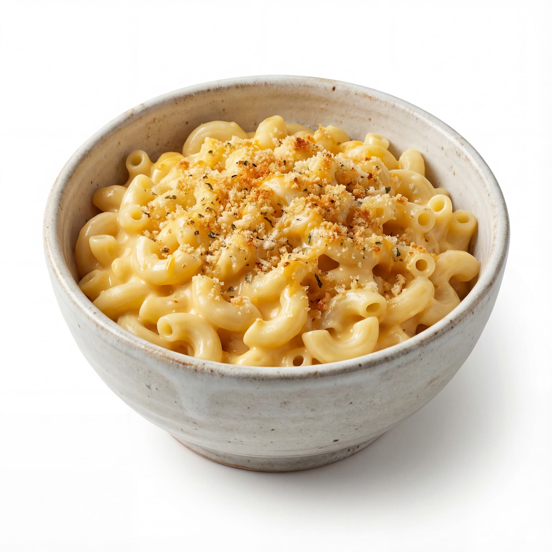 A ceramic bowl containing mac and cheese made with elbow pasta, creamy cheese sauce, and toasted breadcrumb topping.