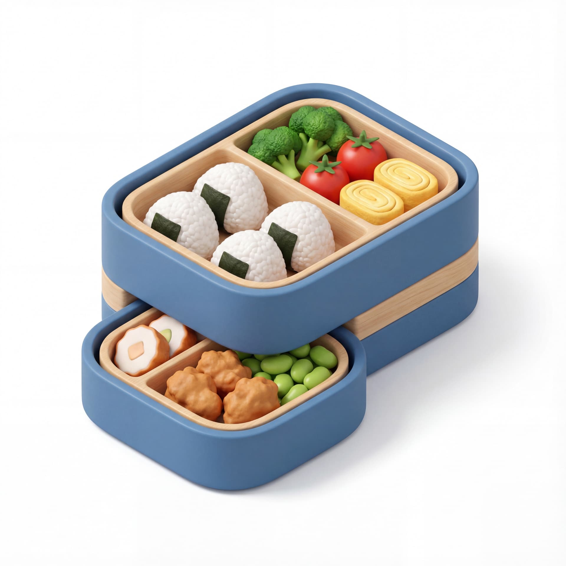 A cartoon bento box with neatly divided compartments, rounded food shapes, and balanced color separation.