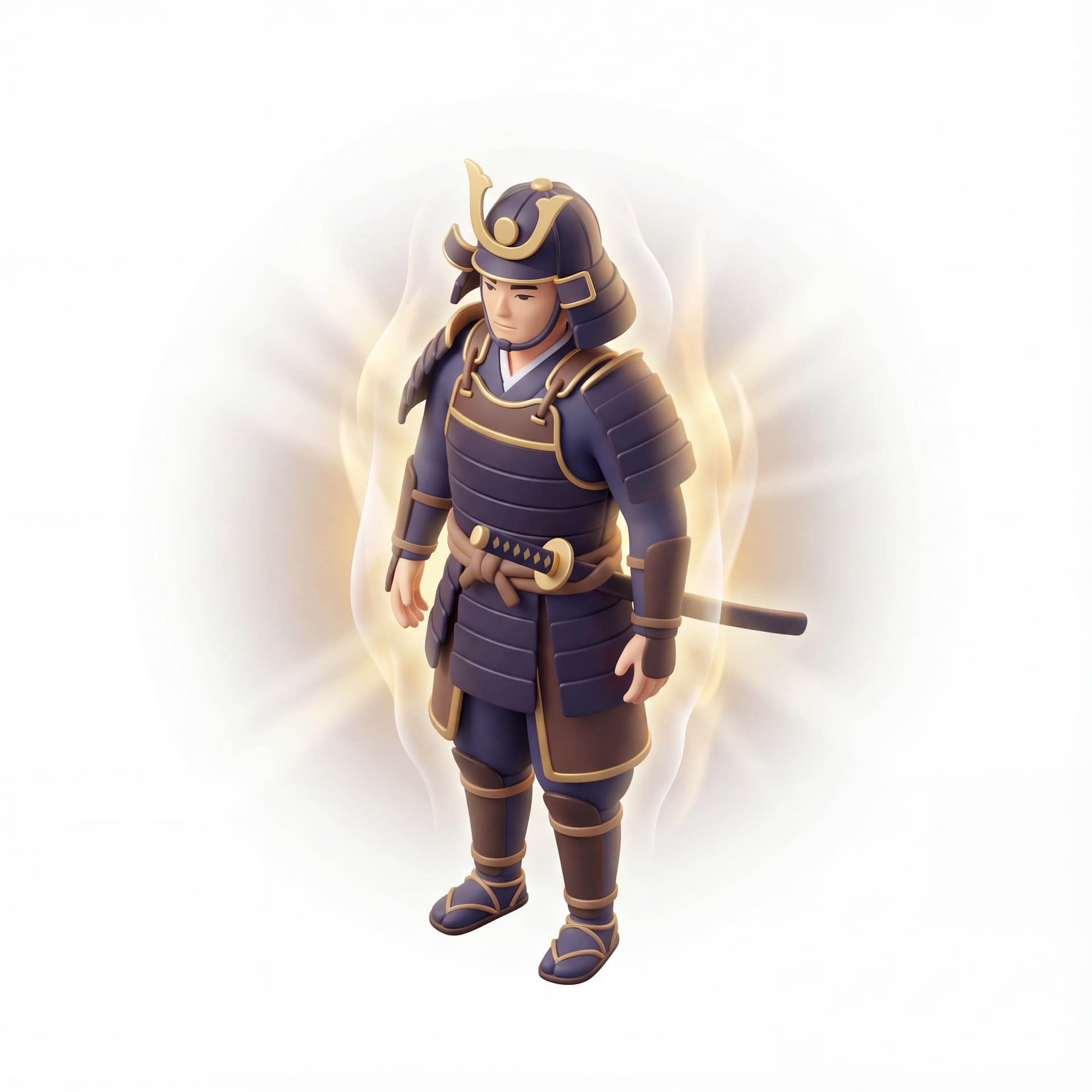 a handsome samurai covered by ethereal holy light