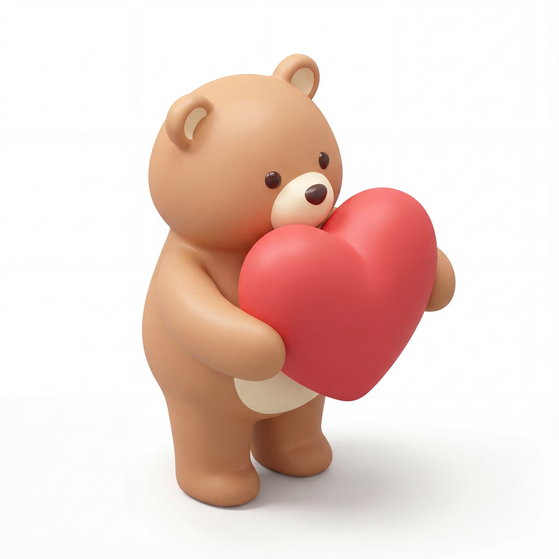 A cute cartoon bear character standing upright and holding a large heart shape with both arms, full body, front-facing, rounded proportions, isolated on a white background.