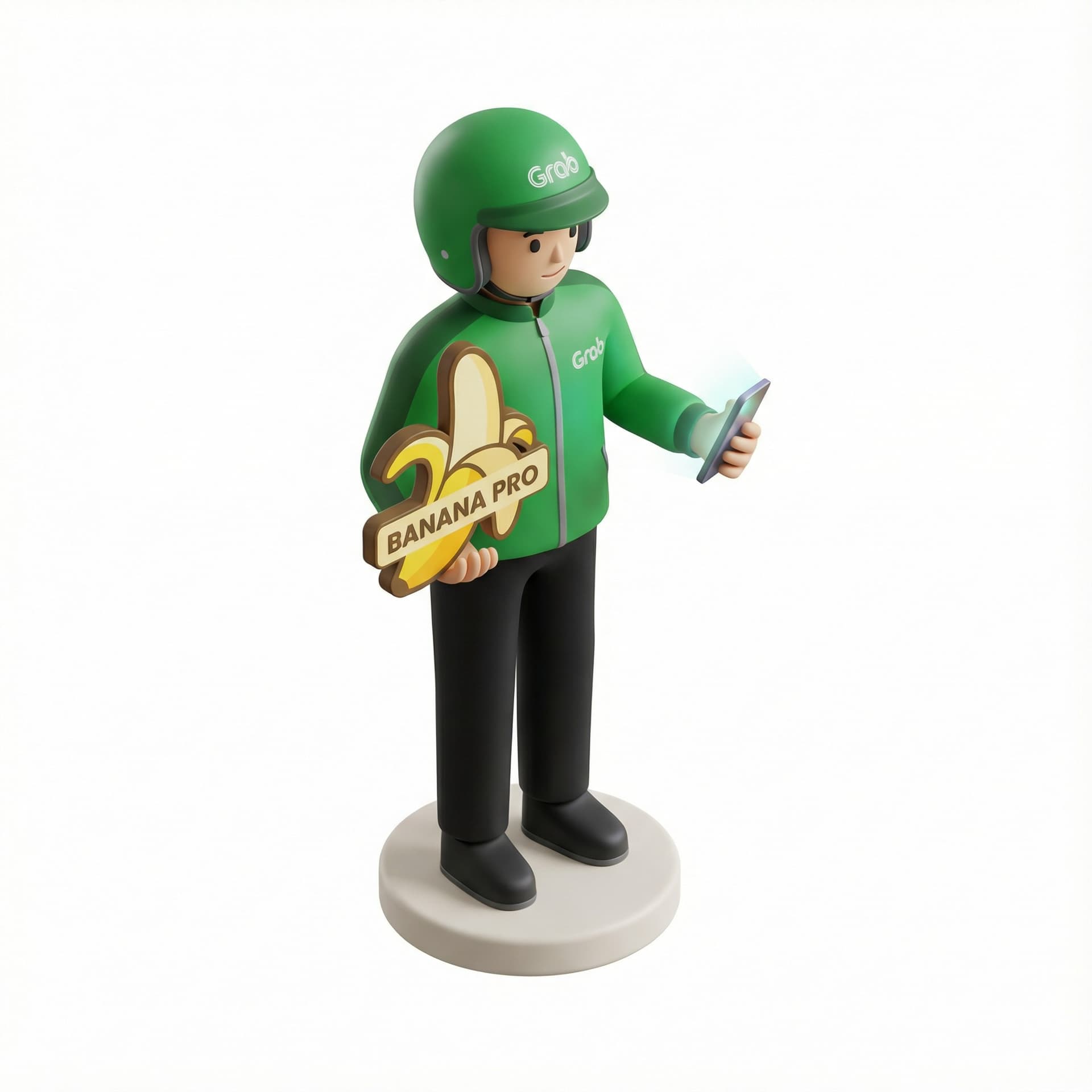 seorang driver ojol Grab dengan pose berdiri santai, tangan kanannya sedang memegang handphone, sedangkan tangan kirinya memegang logo Banana Pro / Pisang Raksasa.