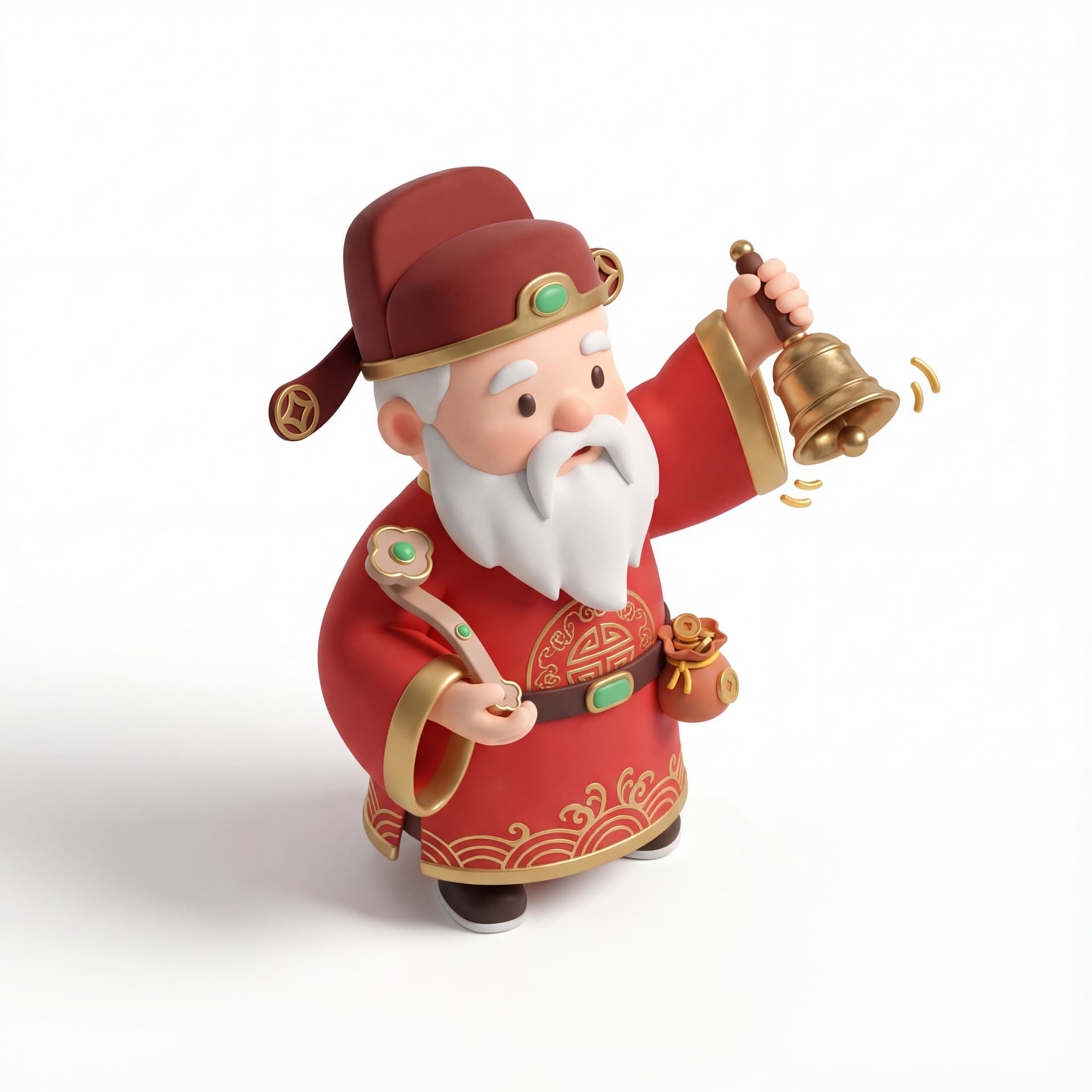 A full-body portrait of a cute God of Wealth ringing a small ceremonial bell, arm raised mid-action, soft rounded beard and facial features, lively celebratory motion, isolated on a white background.