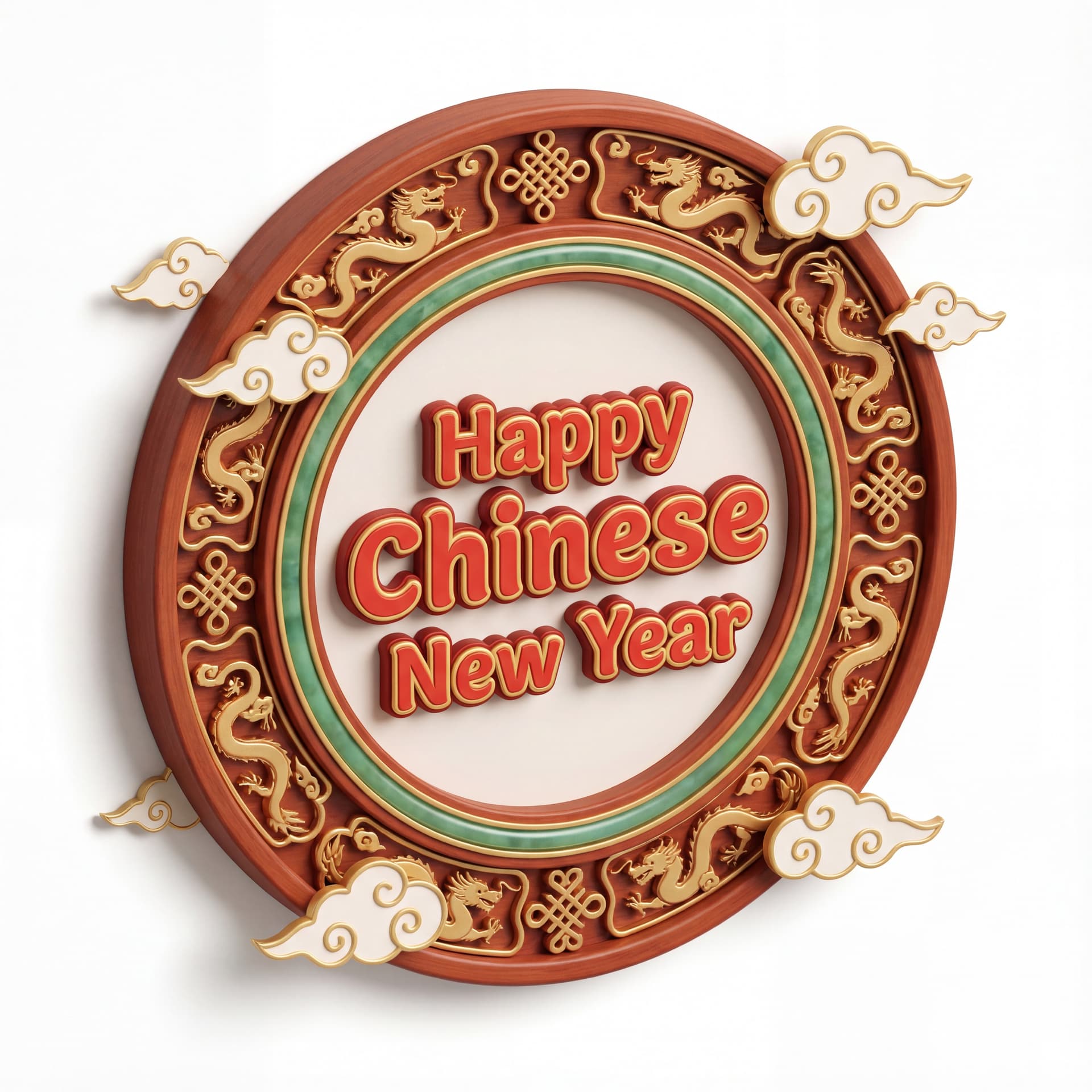 “Happy Chinese New Year” displayed in bold decorative lettering, the text centered inside a circular ornamental frame inspired by traditional Chinese patterns, with small cloud motifs around the frame, isolated on a white background.