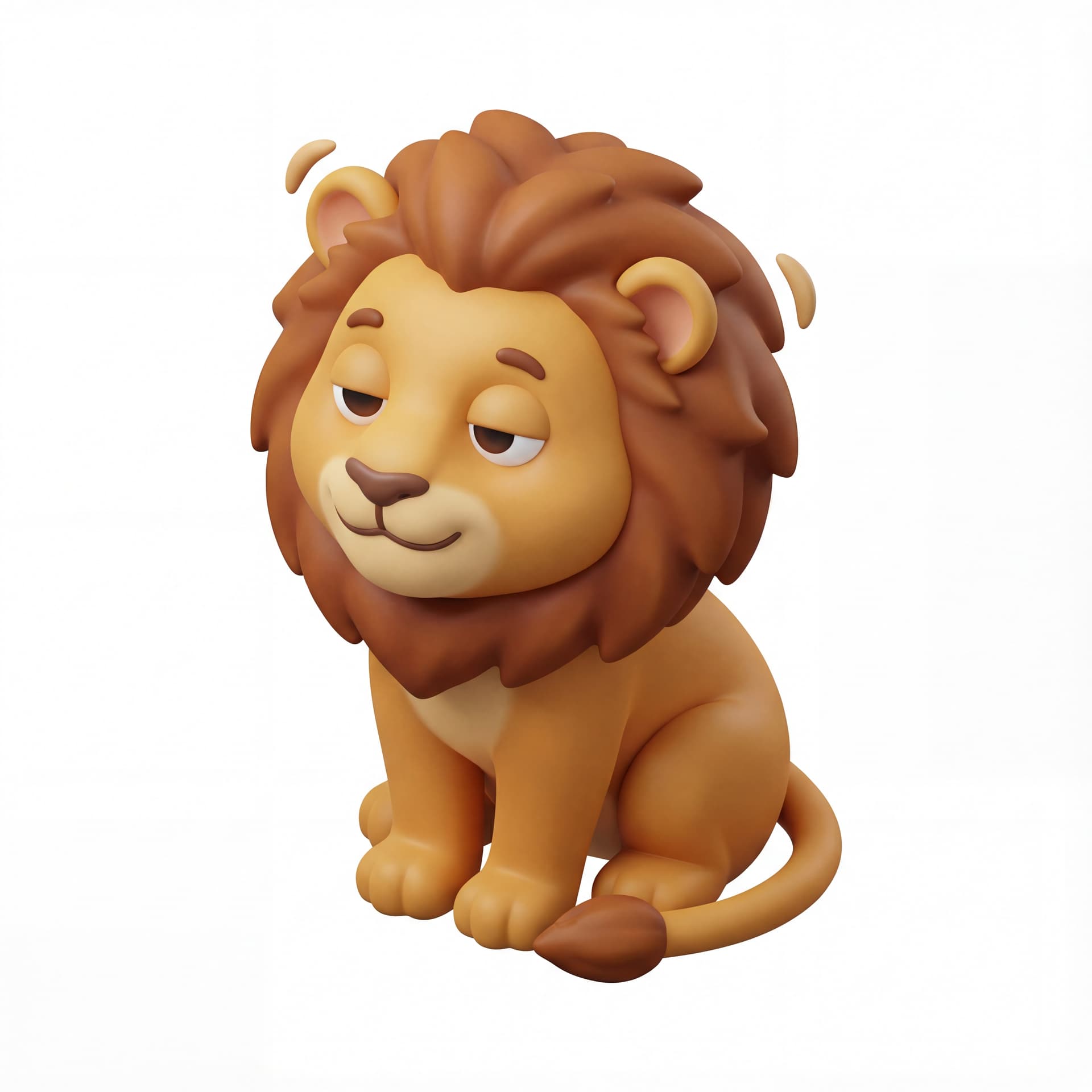 An isometric cute cartoon lion sitting and blinking slowly, ears twitching with a calm and friendly expression.