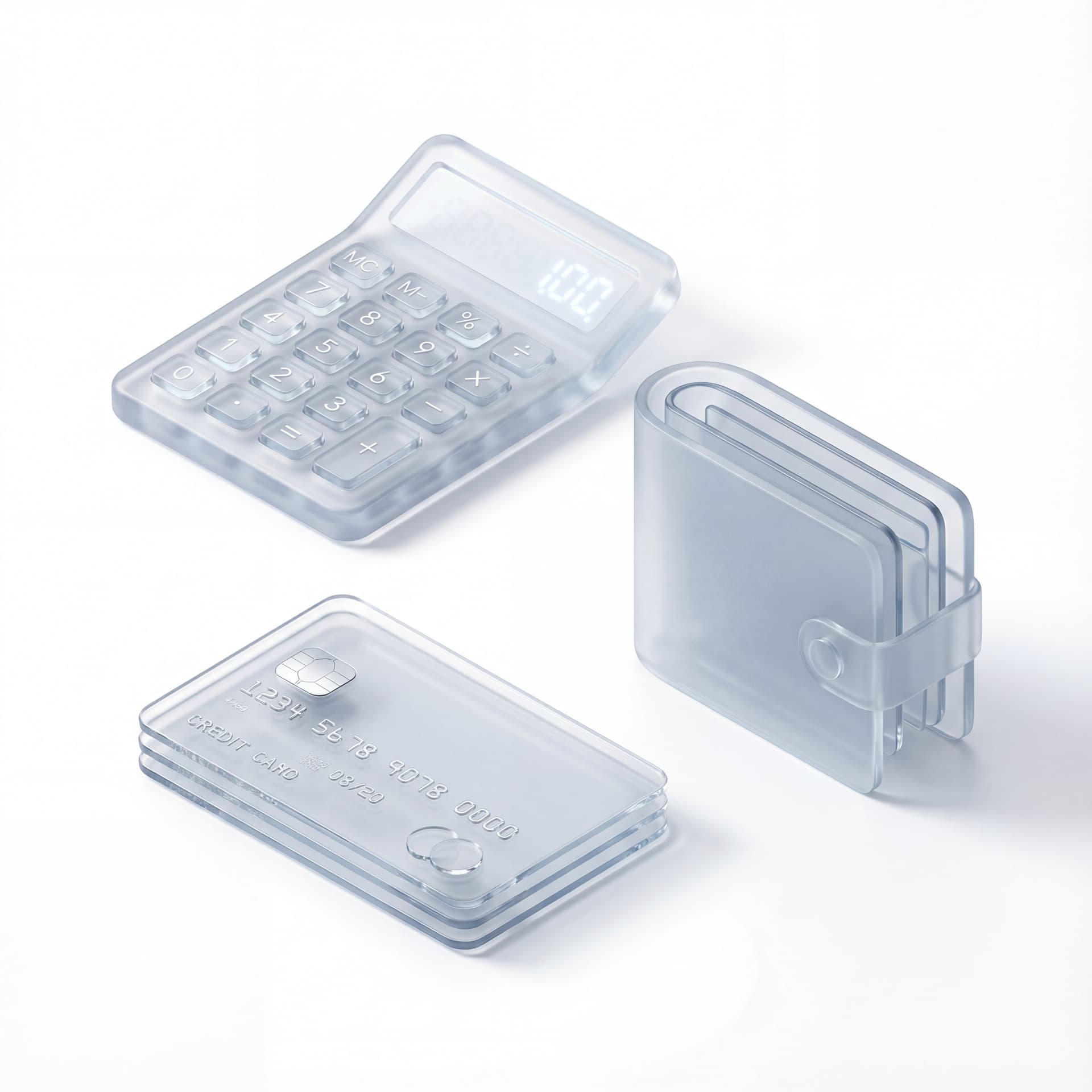 Calculator — style Glassmorphism
,Credit card — style Glassmorphism
,Wallet — style Glassmorphism