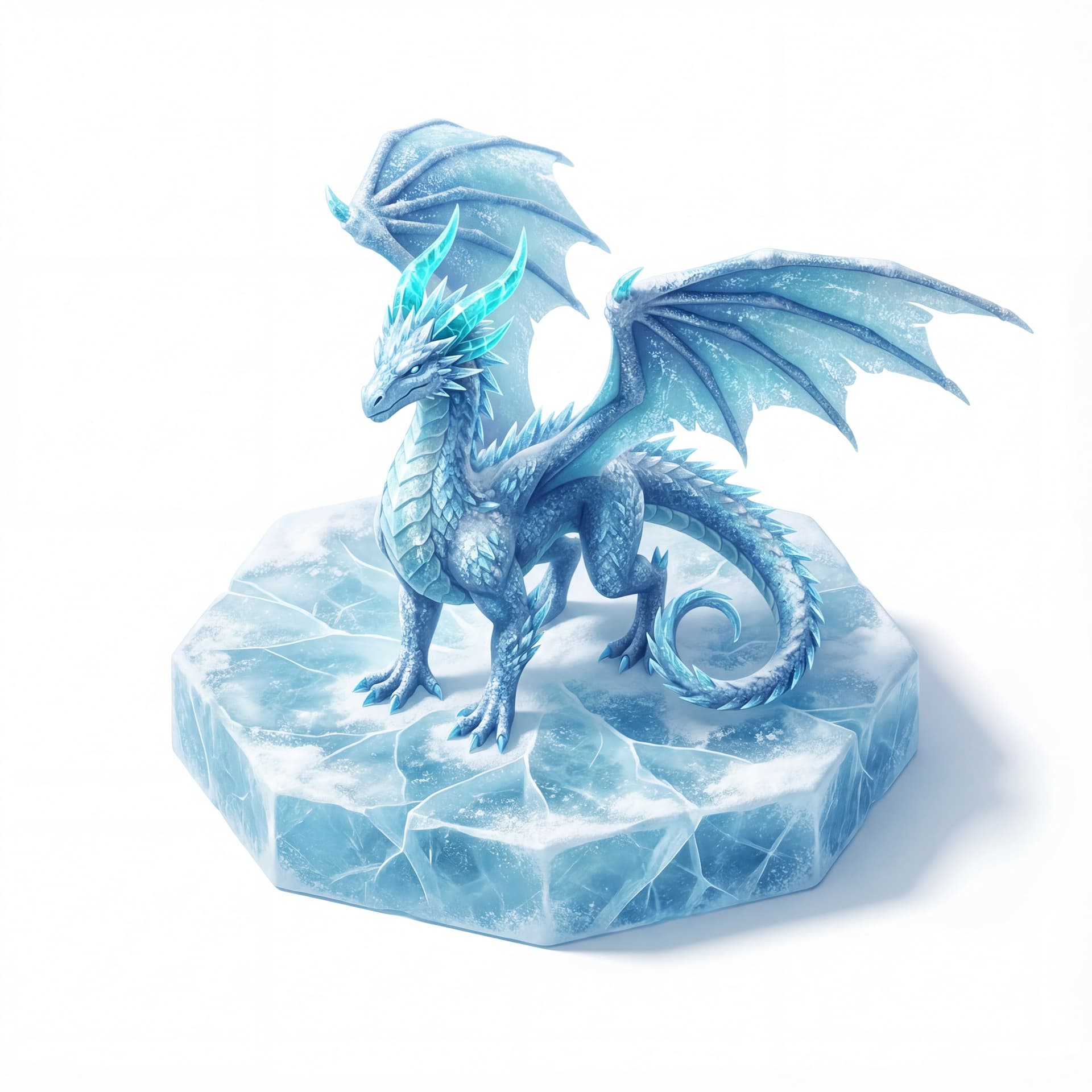 A 3D isometric frost dragon standing proudly on an icy hex tile, translucent cyan horns and shimmering frost textures across its wings.
