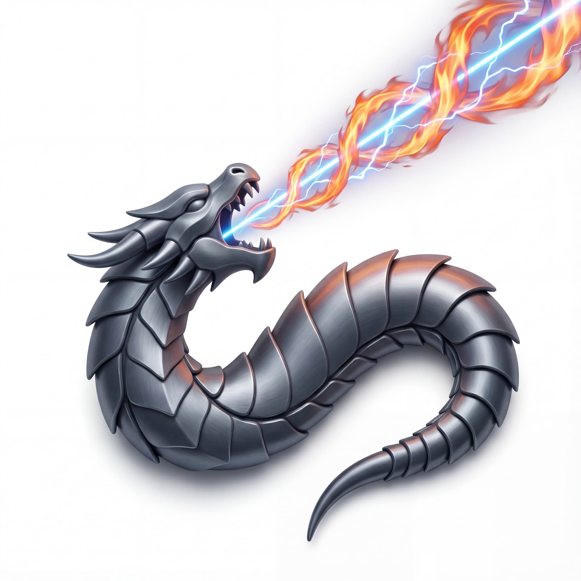 An isometric dragon with dark steel-gray plated scales roaring upward, releasing a spiraling fire-and-electric beam with sharp neon laser core cutting through the air.