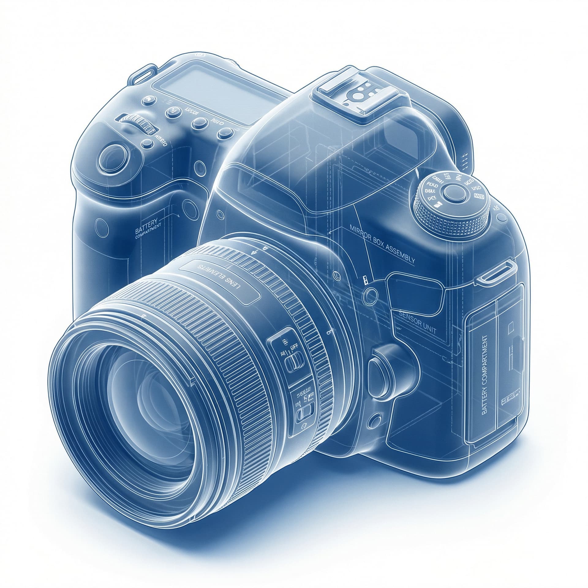 Isometric icon of a DSLR camera, technical sketch style, blueprint aesthetic, wireframe details, white lines, schematic view.