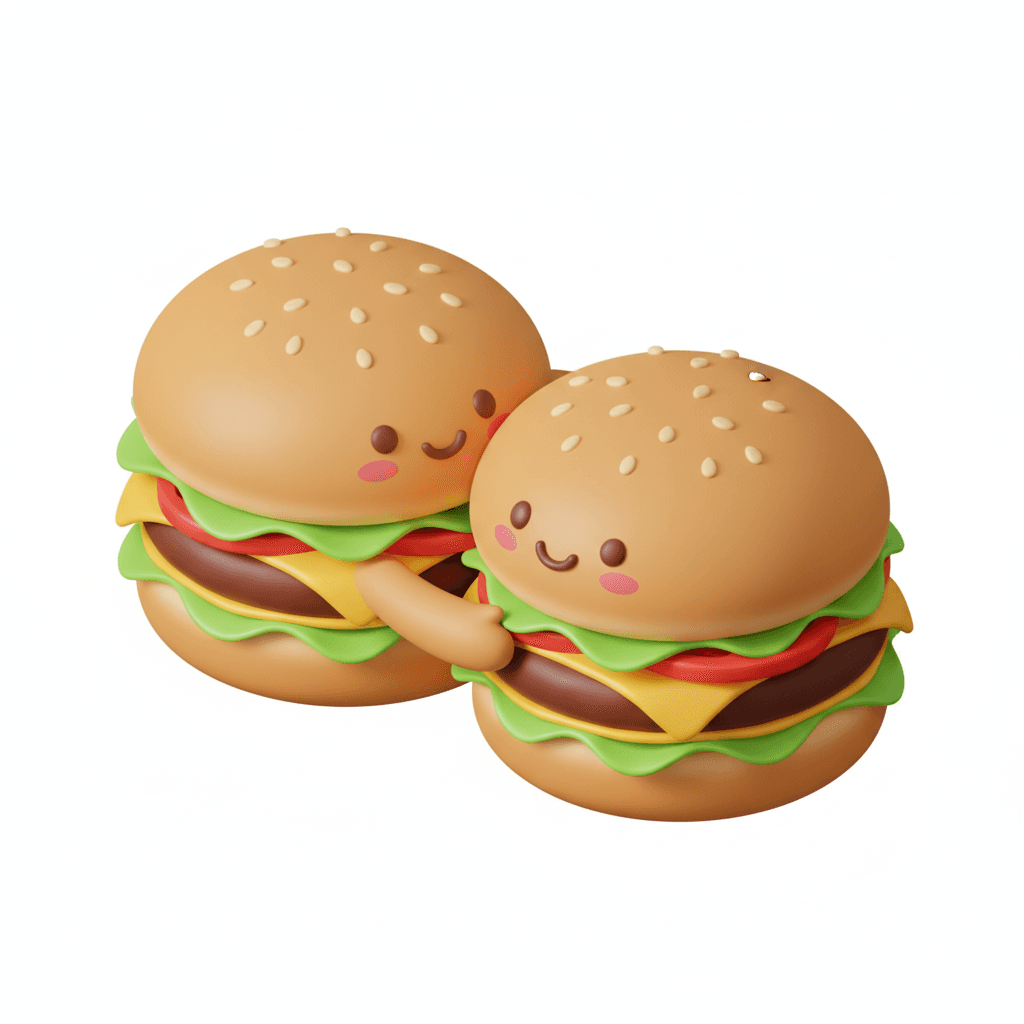 bold outline isometric icon of a kawaii burger duo hugging with smiling faces