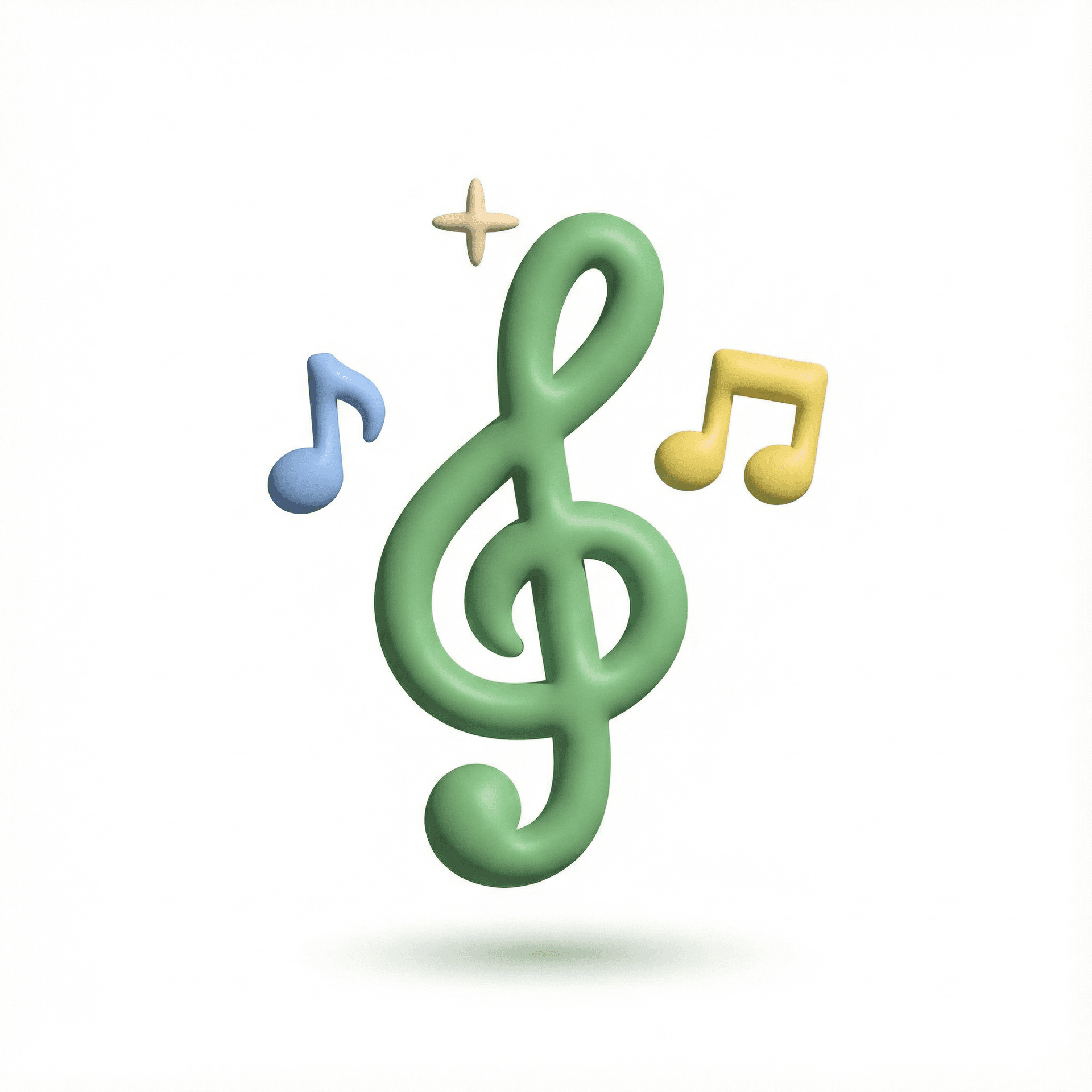 Design an icon-only 3D clay logo (no text) for “Taman Pujian Kristus”, optimized for a YouTube profile avatar.

Style: matte soft clay / rubber, minimal, cute but not childish, clean white background with soft shadow.
Icon: an upright sprout forming a simple musical note, with a small subtle cross-shaped sparkle above it (very minimal). Add two tiny music notes (one blue, one yellow) floating near the sides, balanced left/right.
Colors: pastel green sprout, off-white background, soft blue and soft yellow accents, pale gold sparkle.
Composition: centered, front-facing, perfectly upright, thick simple shapes that remain clear at 64x64 px.
Output: transparent background PNG and white background version, no watermark, no text.
