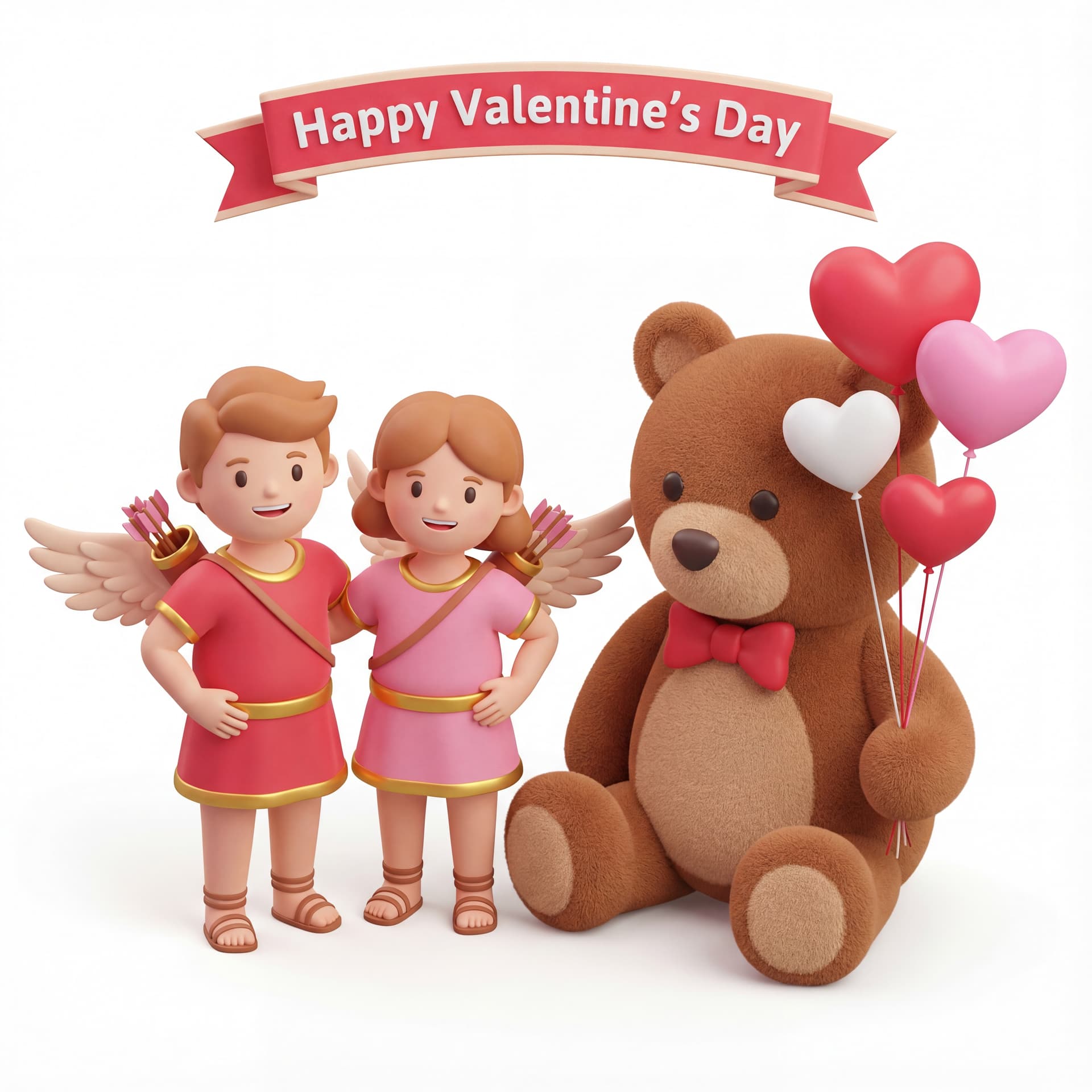 A full-body portrait of a cute couple of Cupid characters standing proudly beside a giant teddy bear holding balloon strings, with “Happy Valentine’s Day” displayed clearly above the group, isolated on a white background.