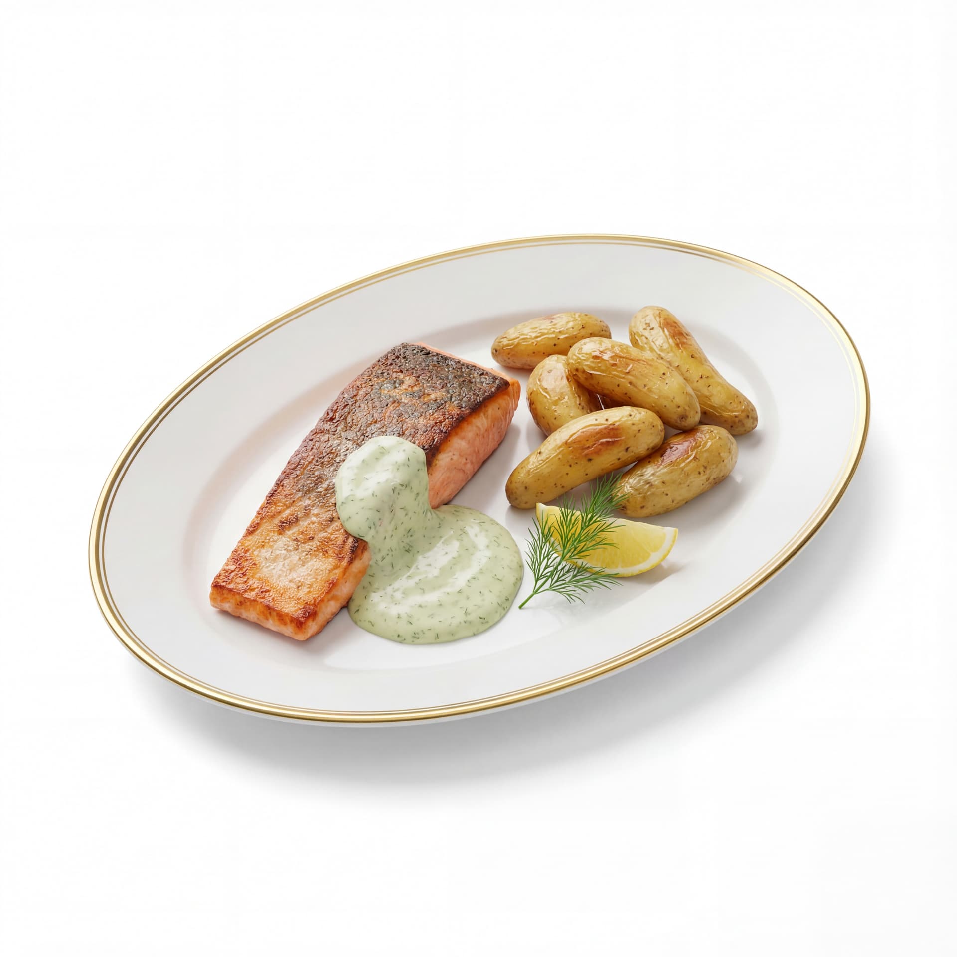 A oval luxurious plate presenting pan-seared salmon fillet, crispy skin texture, dill cream sauce, and roasted fingerling potatoes.