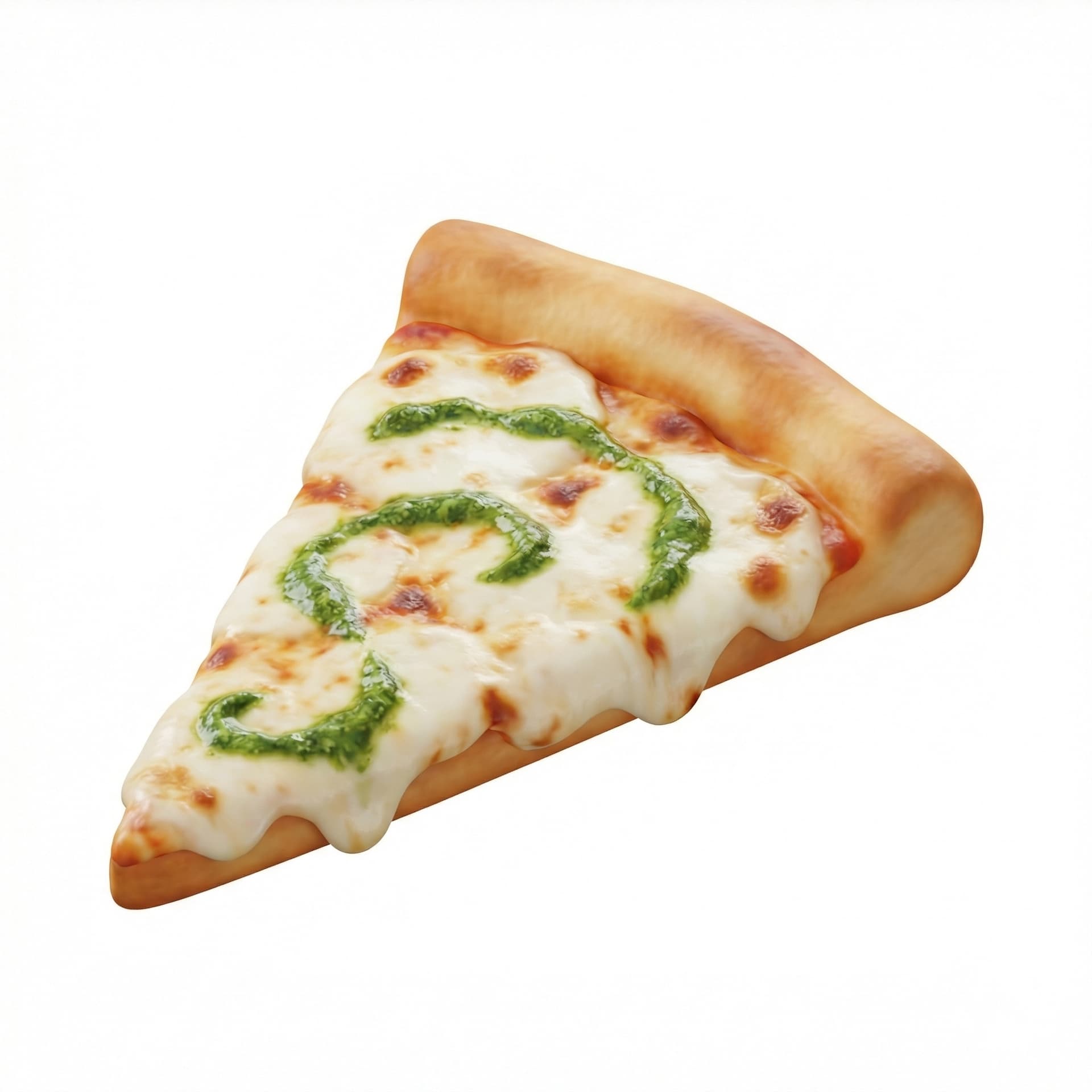 A slice of pizza that has cheese and swirled basil