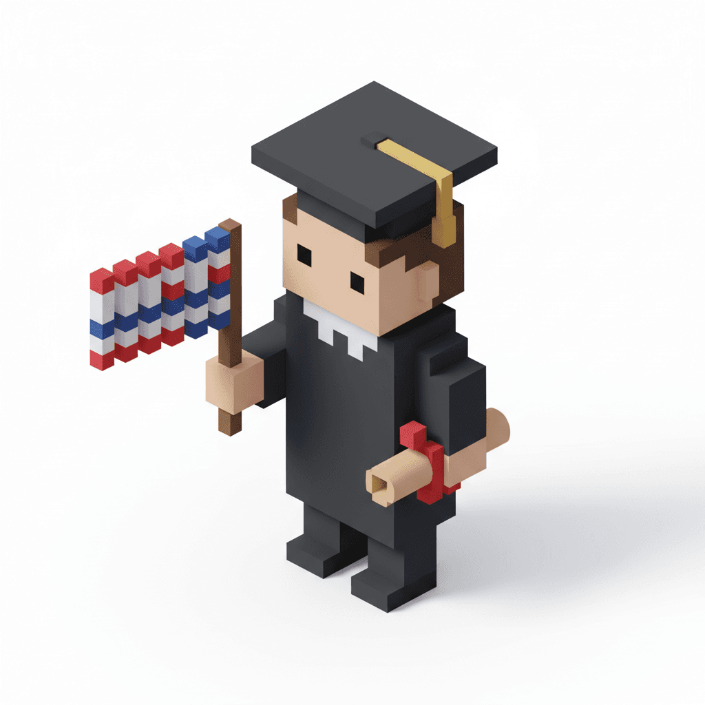 isometric 8-bit icon of a student holding a graduation scroll in one hand and a small flag in the other