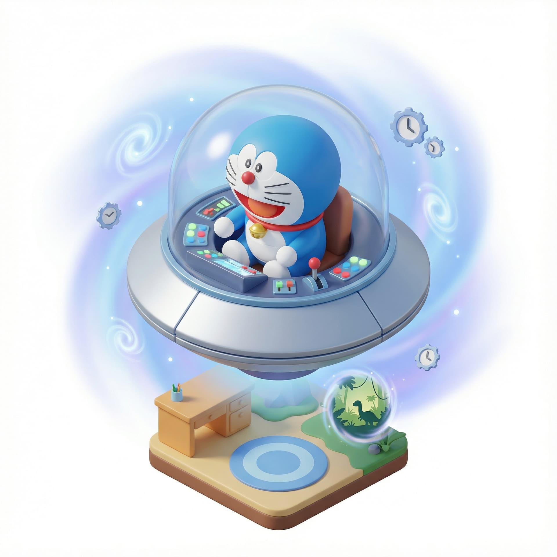 a suspended, adorable isometric 3D stylized vignette of Doraemon riding time machine, higlighting its legendary signature moments. Amplify the mood through environmental effects and atmospheric conditions.